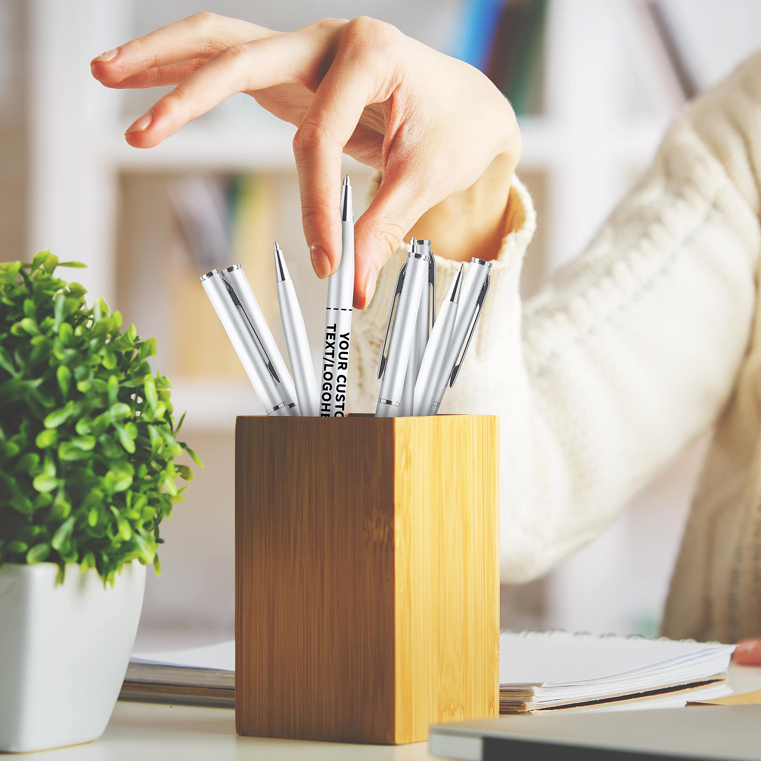 50 Pack Customizable Metal Skinny Ballpoint Pens - Engrave Your Text/Logo - Sleek Twist-Off Design with Black Ink (Silver) - Perfect for Corporate Gifts, Promotional Events & Office Supplies