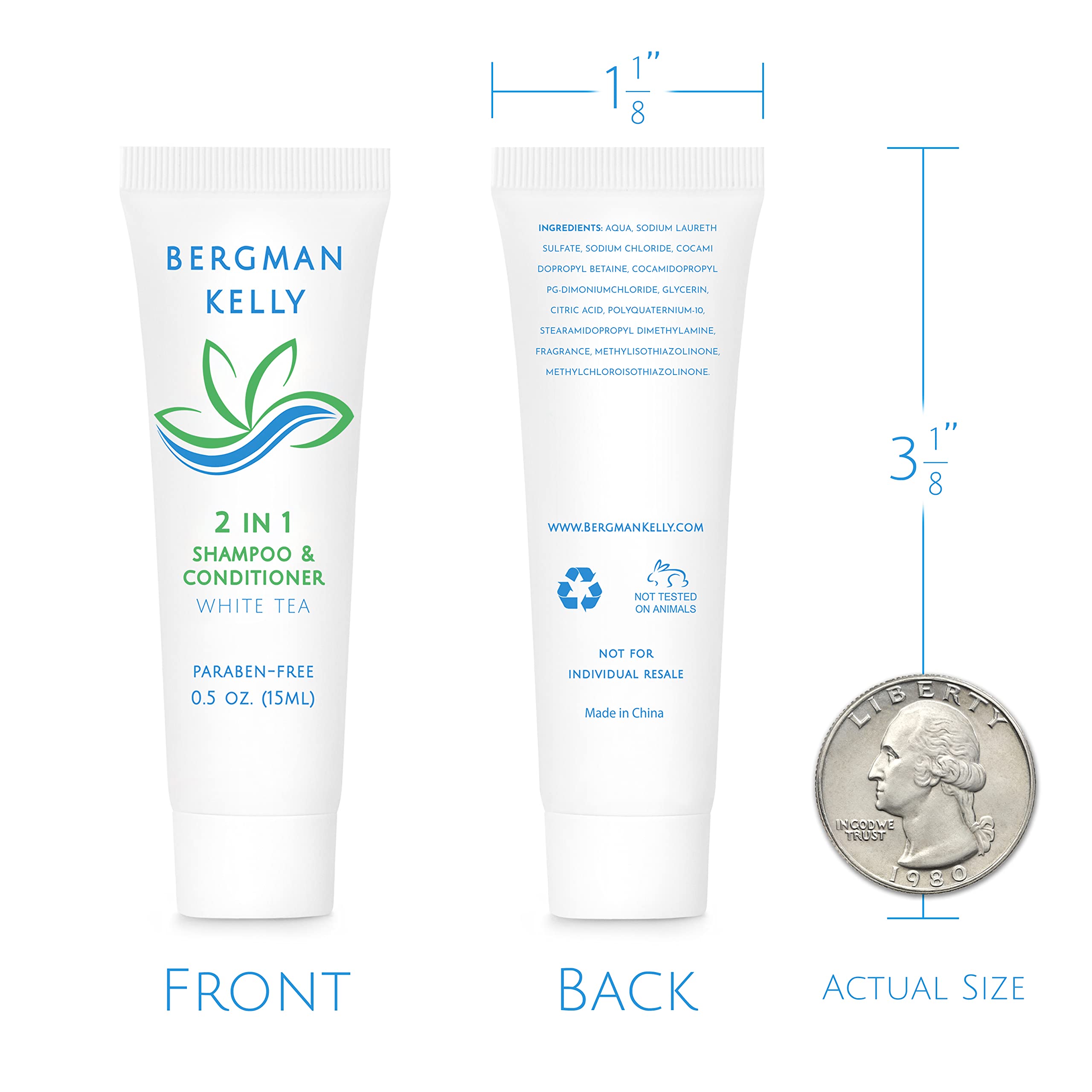 Bergman Kelly - 2 in 1 Shampoo & Conditioner Travel Size (0.5 fl oz, 200 Pack) - White Tea Scent - Bulk Hotel Toiletries for Guests - Refreshing & Revitalizing Formula | Perfect for Hotels, Spas, Airbnb, Travel Kits & Hospitality Amenities