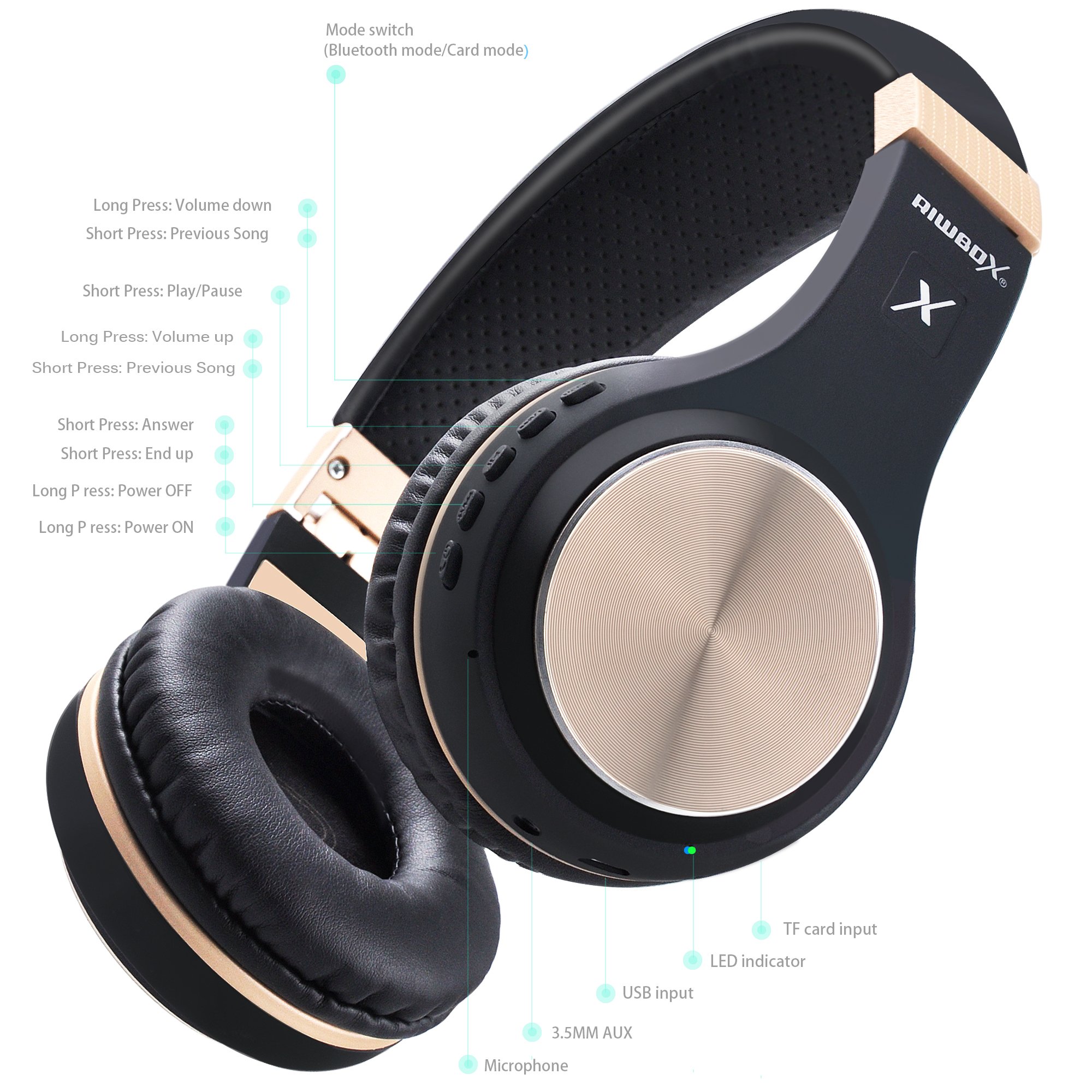 Riwbox XBT-80 Wireless Bluetooth Headphones Over Ear with Microphone, Foldable Stereo Headset with Volume Control for PC/Phone/TV/iPad - Black Gold - Perfect for Gaming, Travel & Home Entertainment