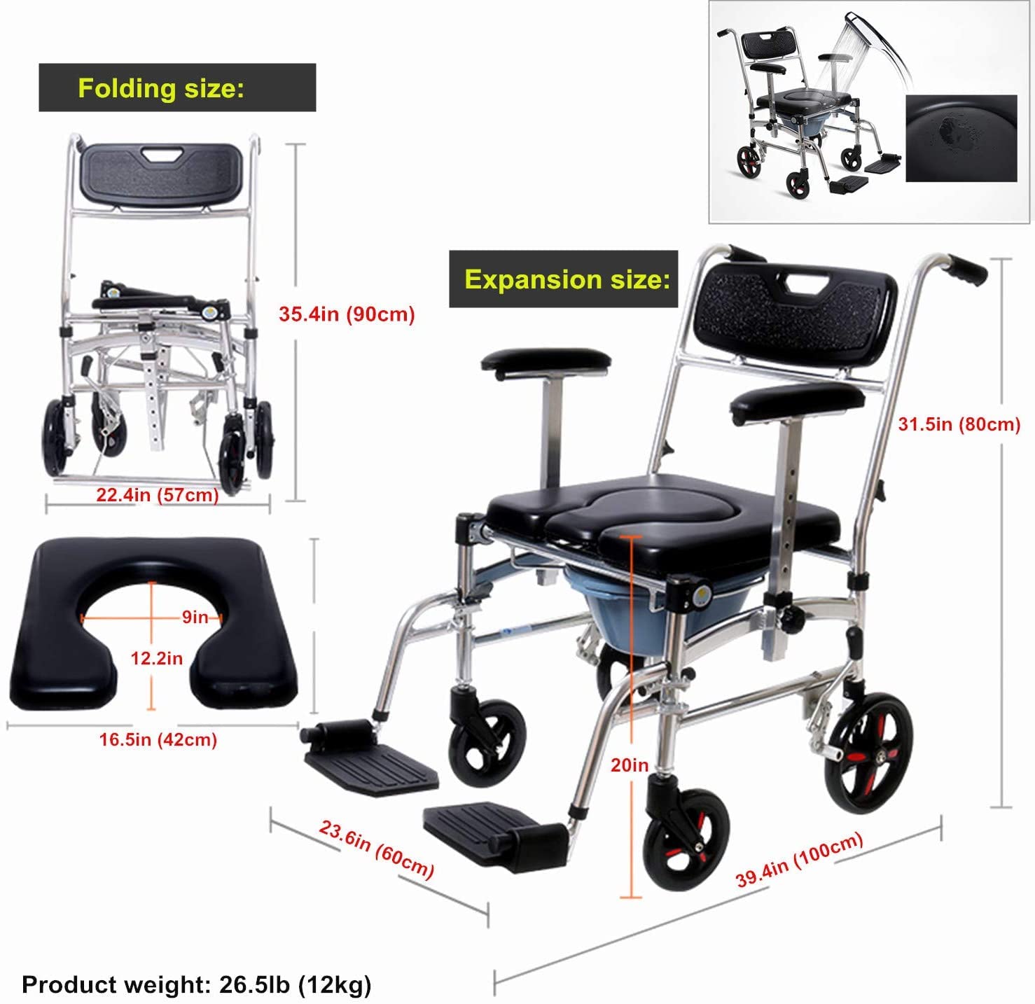 4 in 1 Adjustable Height Bedside Commode Wheelchair with Padded Seat & Detachable Bucket - Portable Toilet Shower Chair for Elderly & Disabled - Ideal for Home Care, Hospital Use & Bathroom Safety (B-Style)