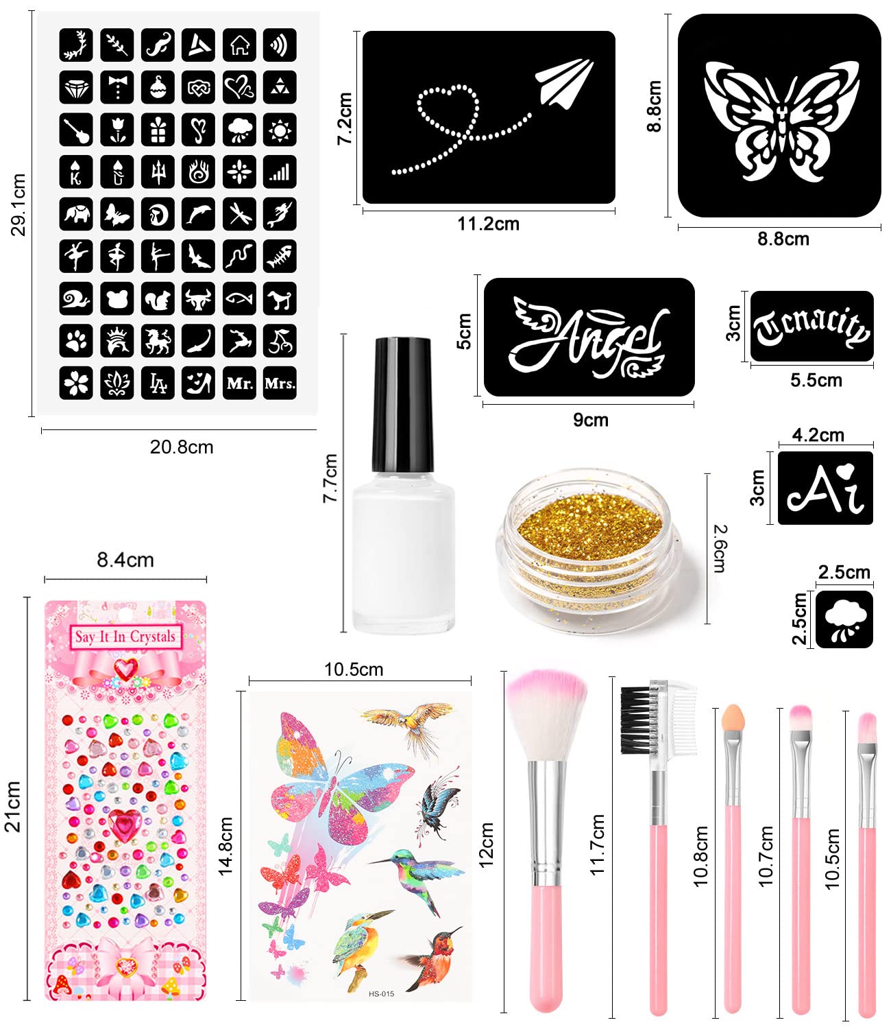 Glitter Tattoo Kit for Kids - 30 Body Glitters, 3 Glitter Glues, 5 Tattoo Stencils, 5 Makeup Brushes, 6 Fluorescent Powders, Butterfly & Rhinestone Stickers | DIY Face & Body Art for Parties, Halloween & Cosplay