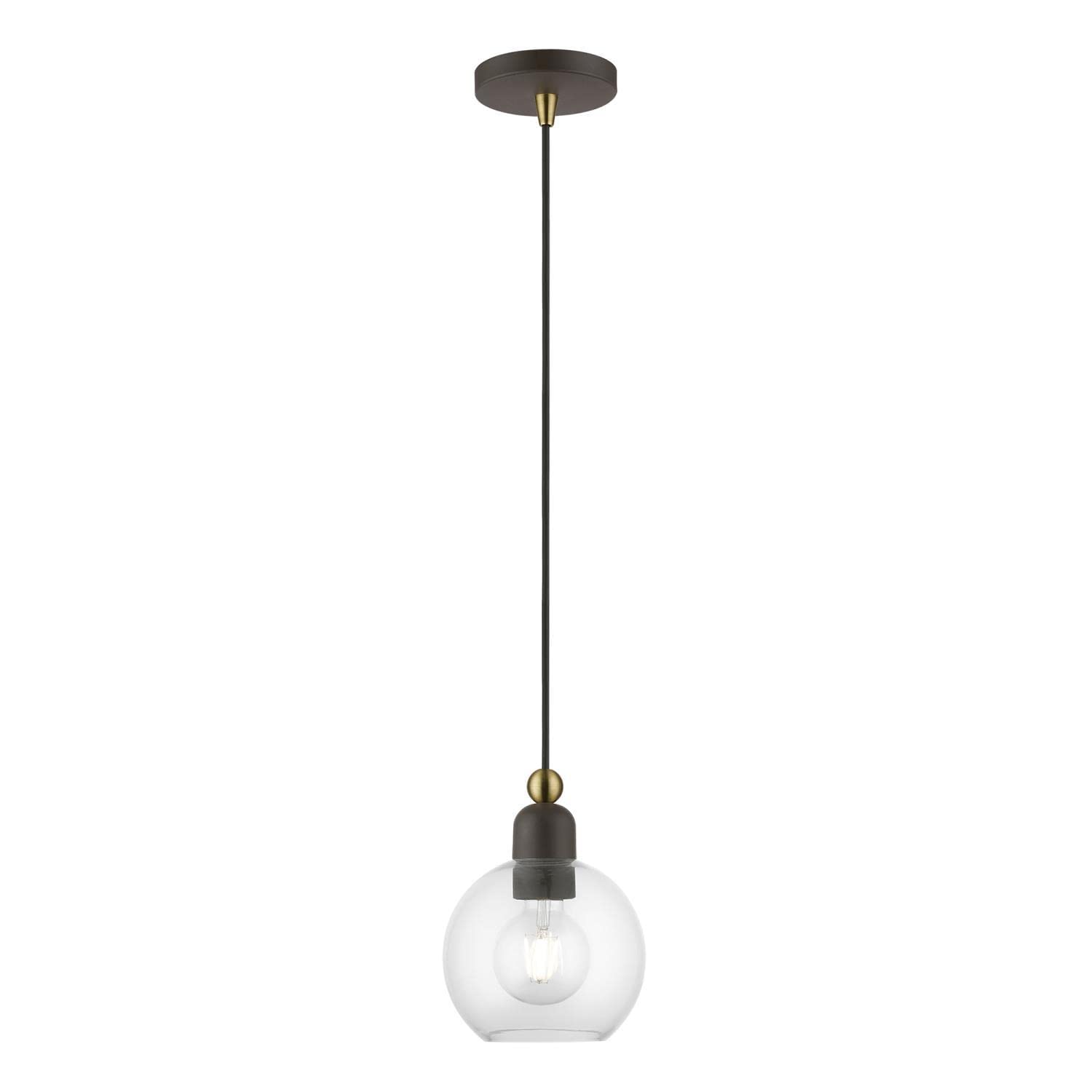 Livex Lighting 48971-07 Downtown Sphere Mini Pendant Light Fixture - Bronze with Antique Brass Accents - Perfect for Kitchen Island, Dining Room, or Entryway Lighting