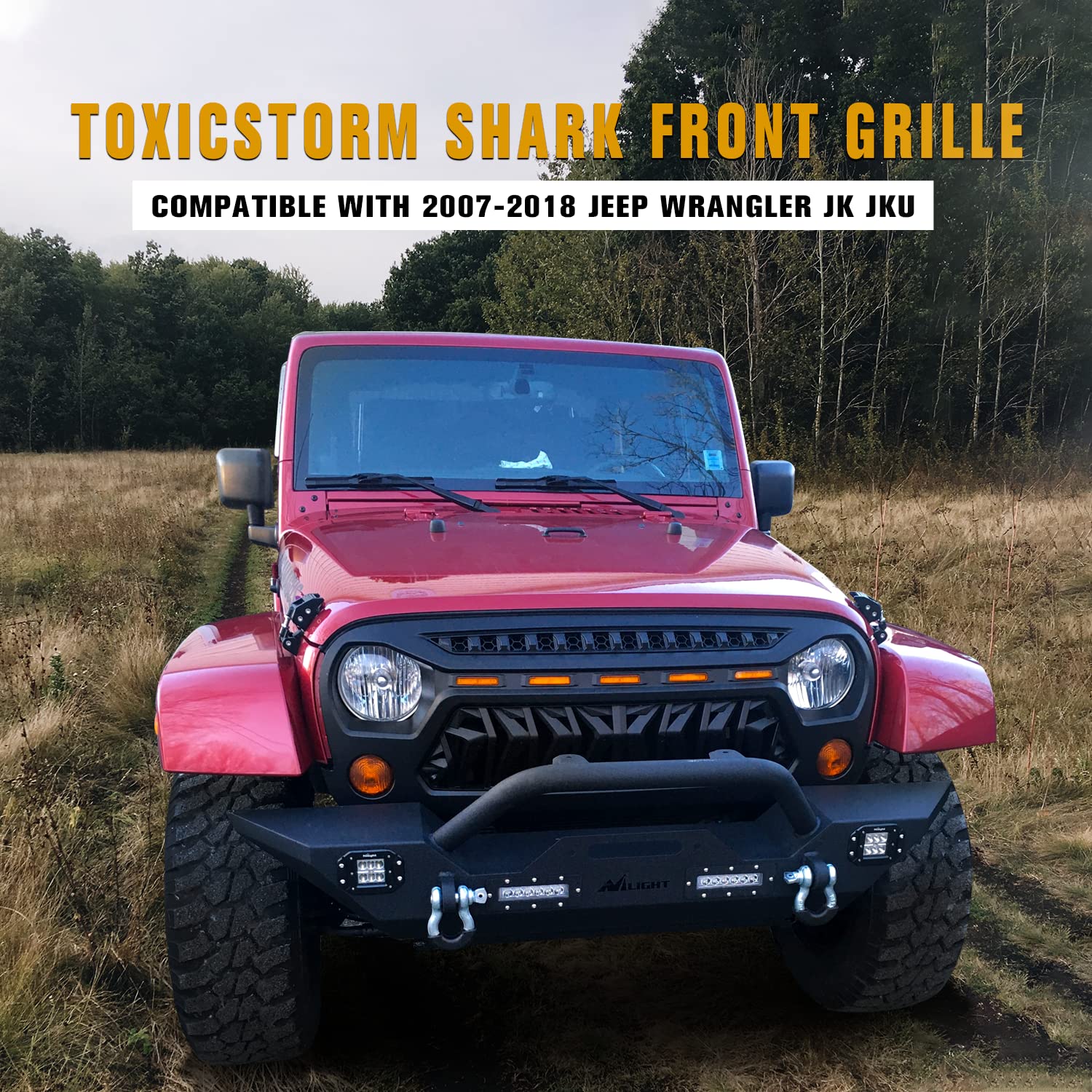 2007-2018 Jeep Wrangler JK JKU Front Grill Mesh Grille Cover - Matte Black with Amber LED Running Lights | Compatible with Unlimited, Rubicon, Sahara & Sport Models | Off-Road Protection & Stylish Upgrade
