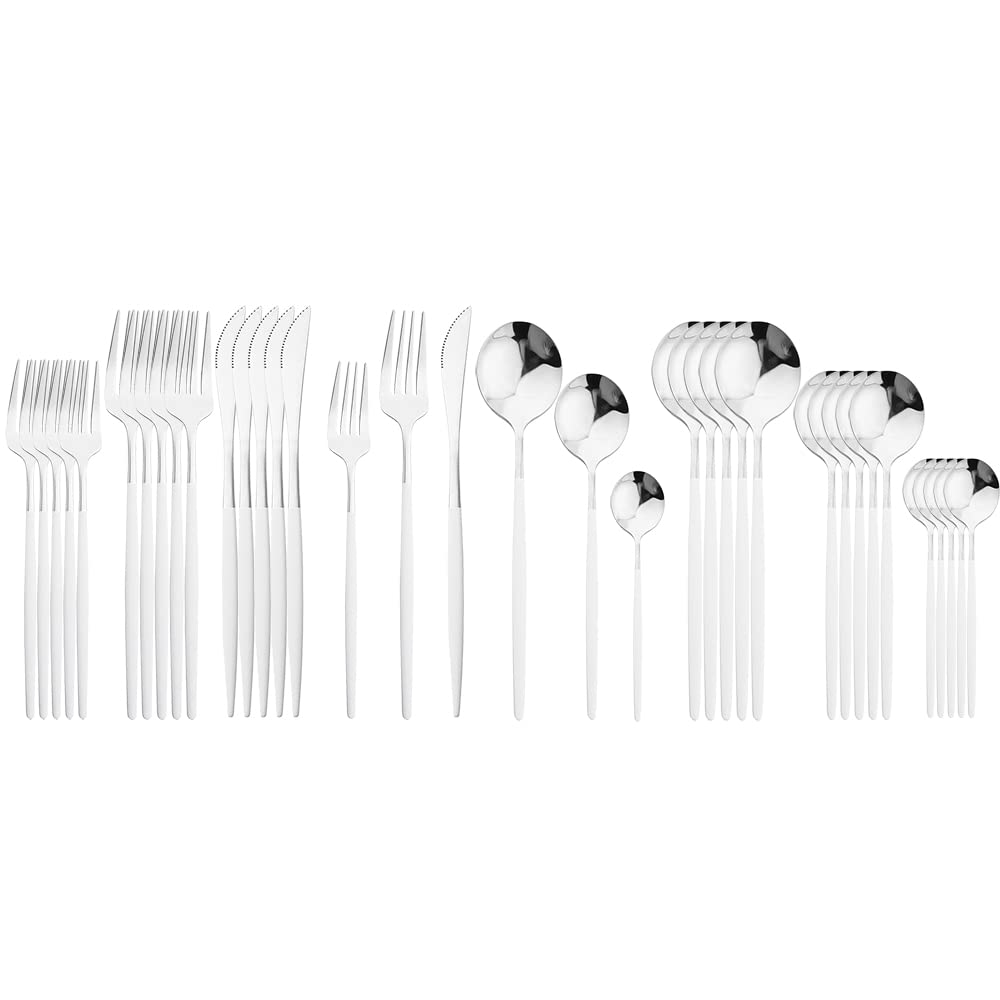 36-Piece Stainless Steel Flatware Set - Knife, Fork, Spoon & Teaspoon for Dinner, Dessert & Kitchen - Elegant White Silver Cutlery - Perfect for Formal Dining, Dinner Parties & Everyday Use