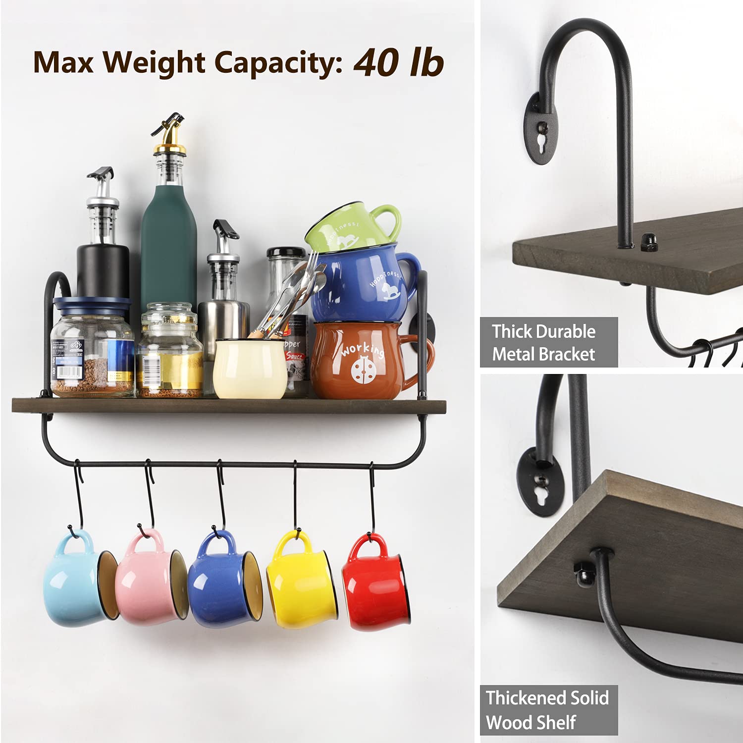 Olakee 2-Pack Floating Wall Shelves with 10 Adjustable Hooks - 17x5.9 Inch Rustic Bathroom & Kitchen Storage for Mugs, Towels, Utensils - Perfect for Small Spaces, Coffee Nooks & Farmhouse Decor (Weathered Grey)