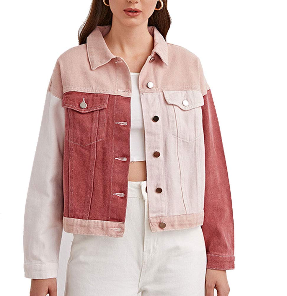 PAODIKUAI Women's Pink Distressed Denim Jacket - Boyfriend Style Patchwork Casual Jean Coat for Spring & Fall | Perfect for Streetwear, Date Night & Outdoor Adventures