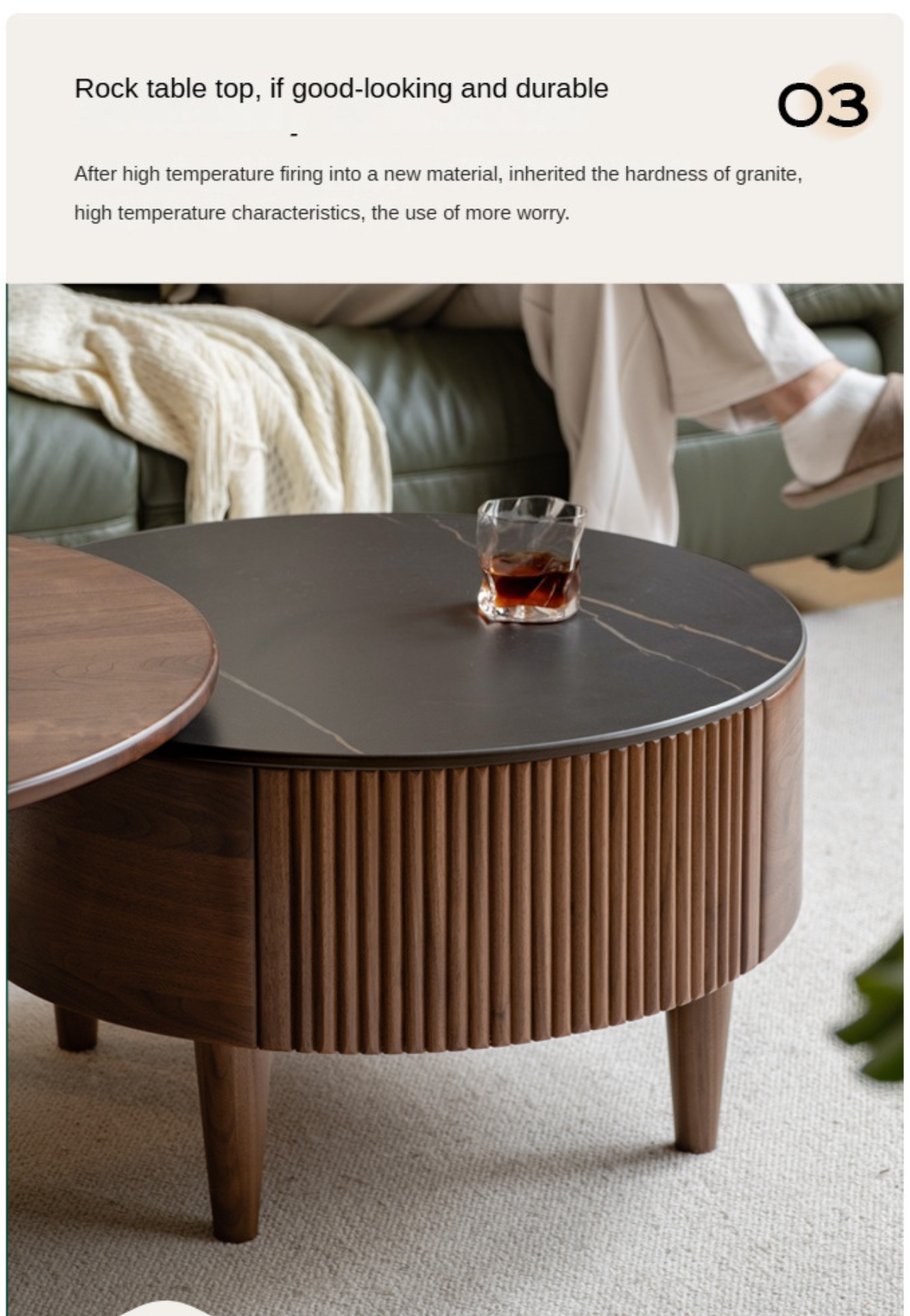 Premium Black Walnut & Ash Solid Wood Combination Rock Plate Coffee Table - Modern Living Room Furniture for Home Decor & Relaxation