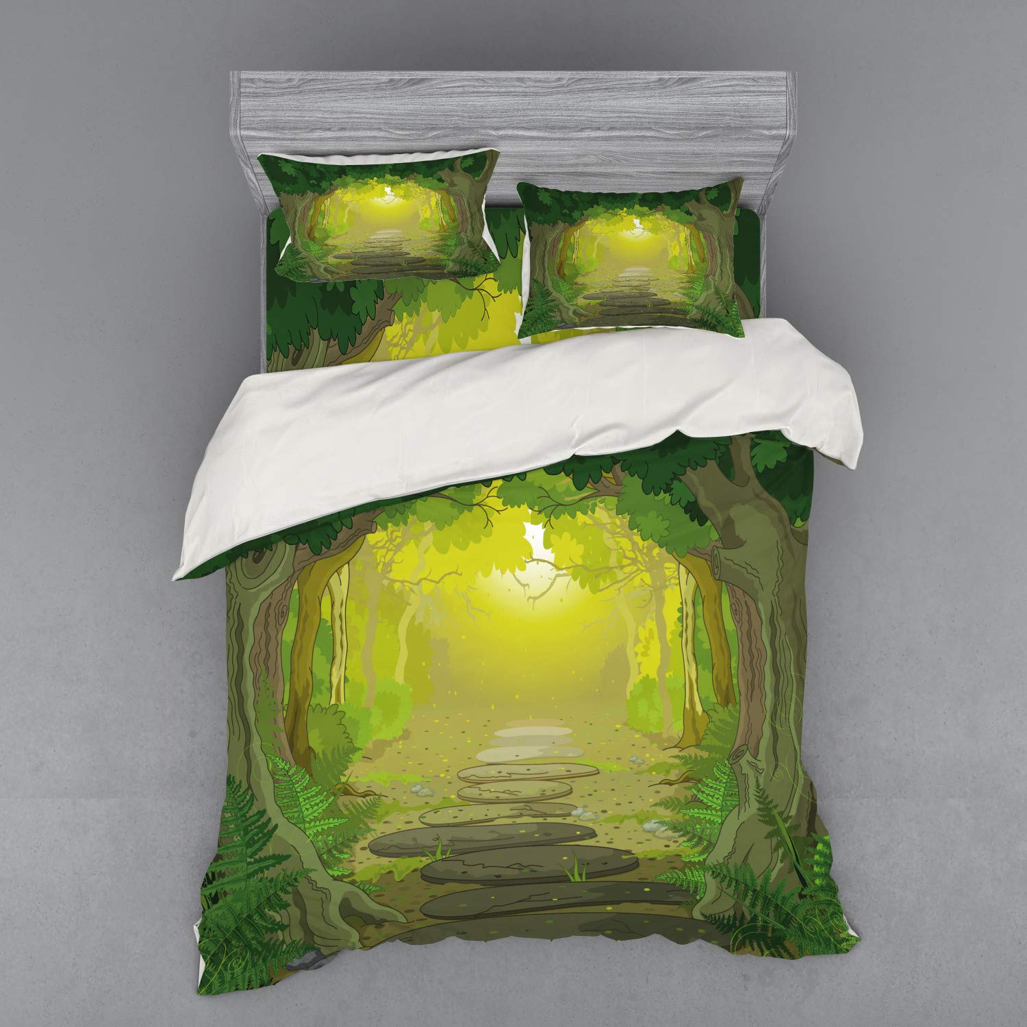 Ambesonne Forest Duvet Cover Set - Queen Size 4-Piece Bedding with Trees & Ferns Design, Includes Shams & Fitted Sheet in Fern Green & Yellow | Perfect for Nature-Themed Bedrooms, Guest Rooms & Cozy Cabin Retreats