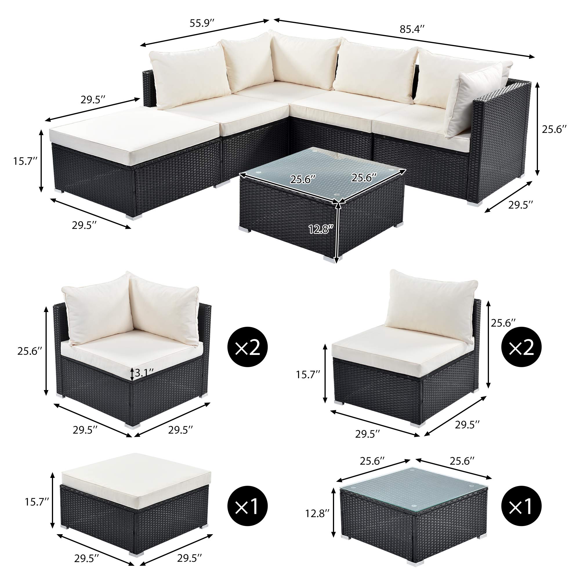 6-Piece Outdoor Patio Furniture Sectional Set with Glass Table - All-Weather PE Rattan Wicker Sofa with Removable Cushions - Perfect for Backyard, Garden, Poolside & Deck Relaxation