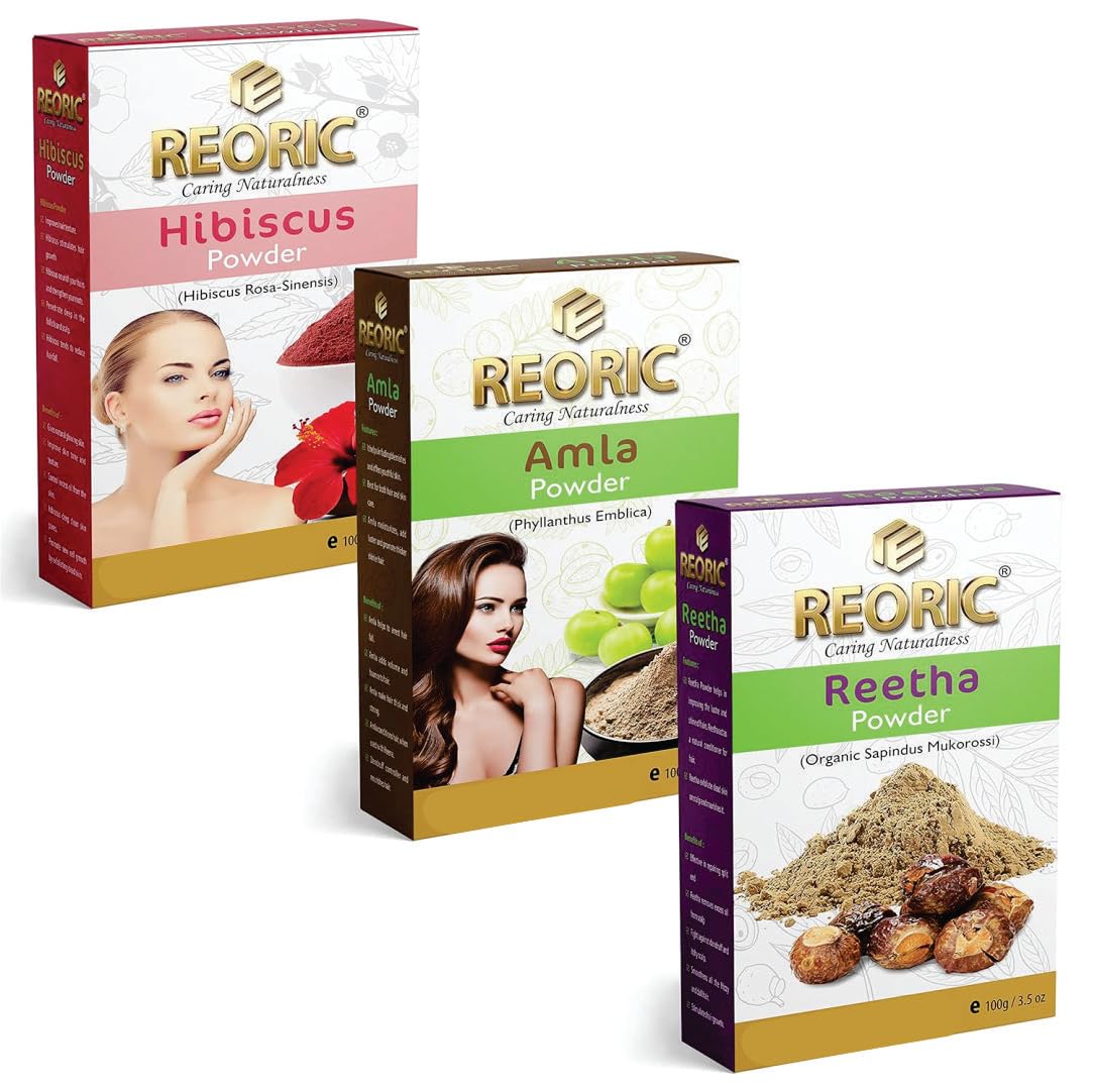 Reoric Reetha Amla Hibiscus Powder for Hair Growth - 300g (Pack of 3) | Natural Shikakai, Soap Nuts & Indian Gooseberry Powder | Herbal Hair Care for Dandruff, Dry Scalp & Shine | Perfect for DIY Shampoo, Hair Masks & Ayurvedic Treatments