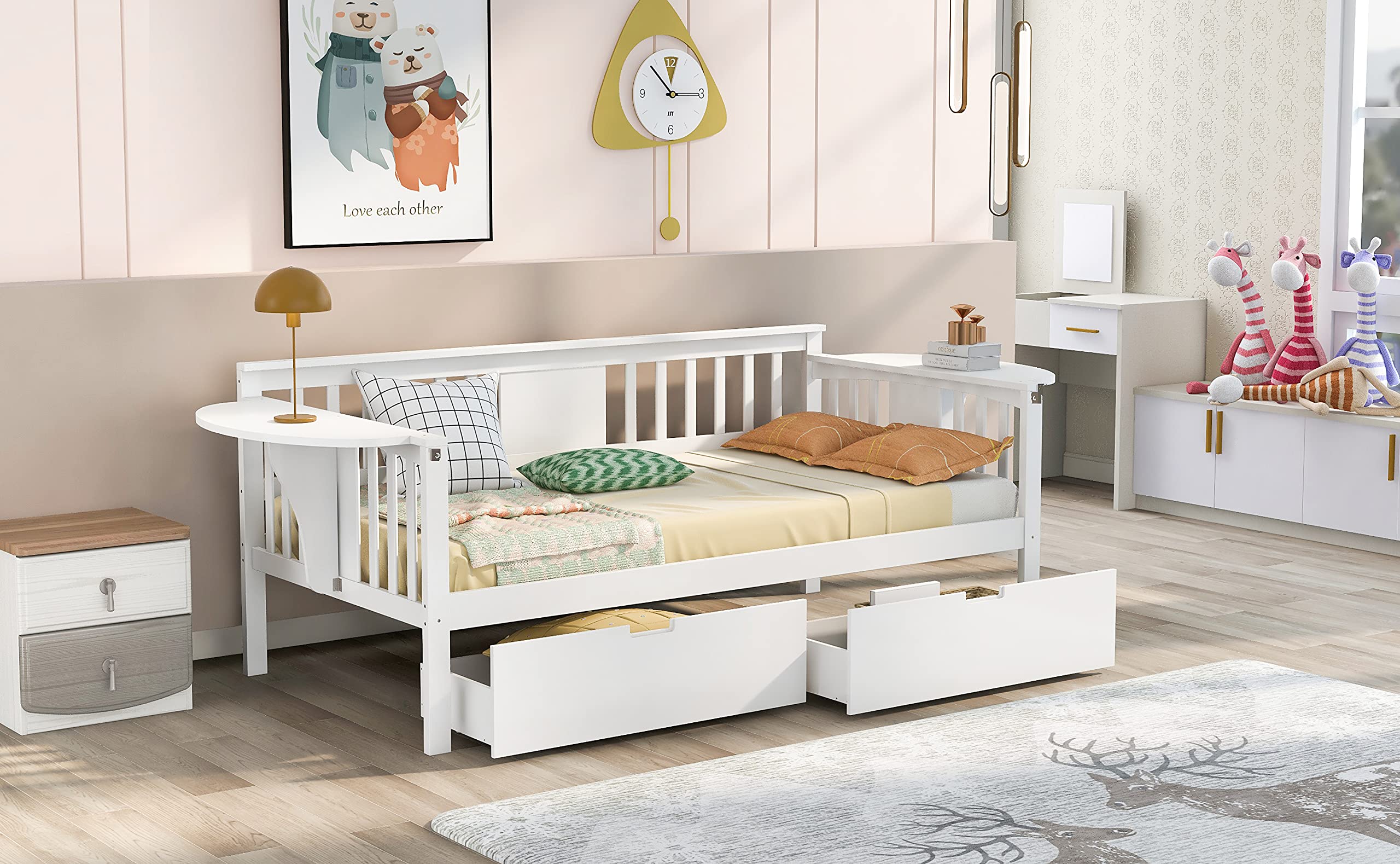 White Wood Daybed with 2 Storage Drawers & Side Table - Twin Size Sofa Bed with Wood Slat Support (No Box Spring Needed) - Easy Assembly for Bedroom, Guest Room or Living Room - Perfect for Small Spaces & Overnight Guests
