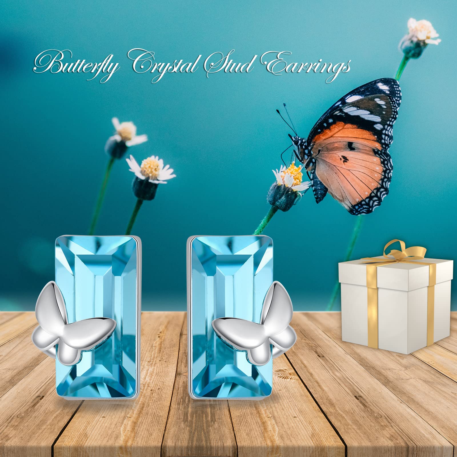 WINNICACA 925 Sterling Silver Blue Crystal Butterfly Stud Earrings for Women - Elegant Jewelry Gift for Her, Daughter, Sister, Mom, Girlfriend & Wife - Perfect for Birthday, Christmas & Special Occasions - Everyday Wear, Date Night & Office Accessory