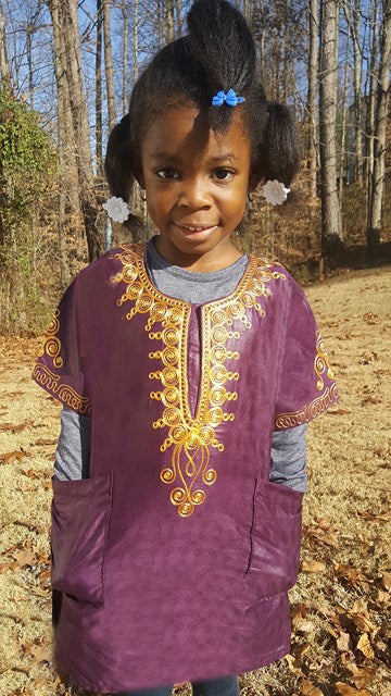 Stylish Kids' Eggplant Dashiki Top with Gold Embroidery - African Print Shirt for Boys & Girls | Perfect for Cultural Events, Parties & Family Gatherings