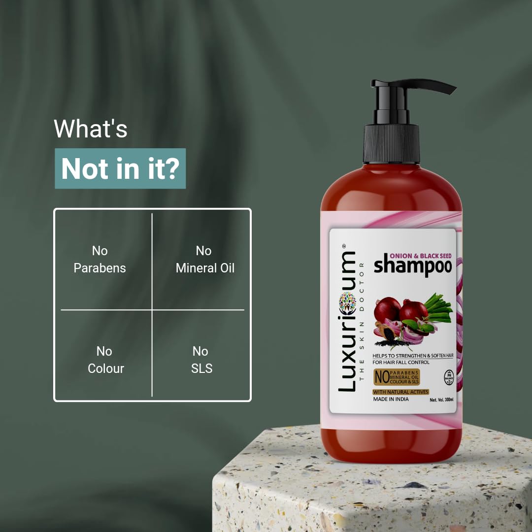 LUXURIOUM Onion Shampoo for Hair Growth & Hair Loss Prevention with Black Seed Oil - 300ml | Anti-Dandruff Treatment | Sulfate & Paraben Free | For Men & Women | Promotes Hair Regrowth & Scalp Health | Perfect for Daily Use & Thinning Hair Care