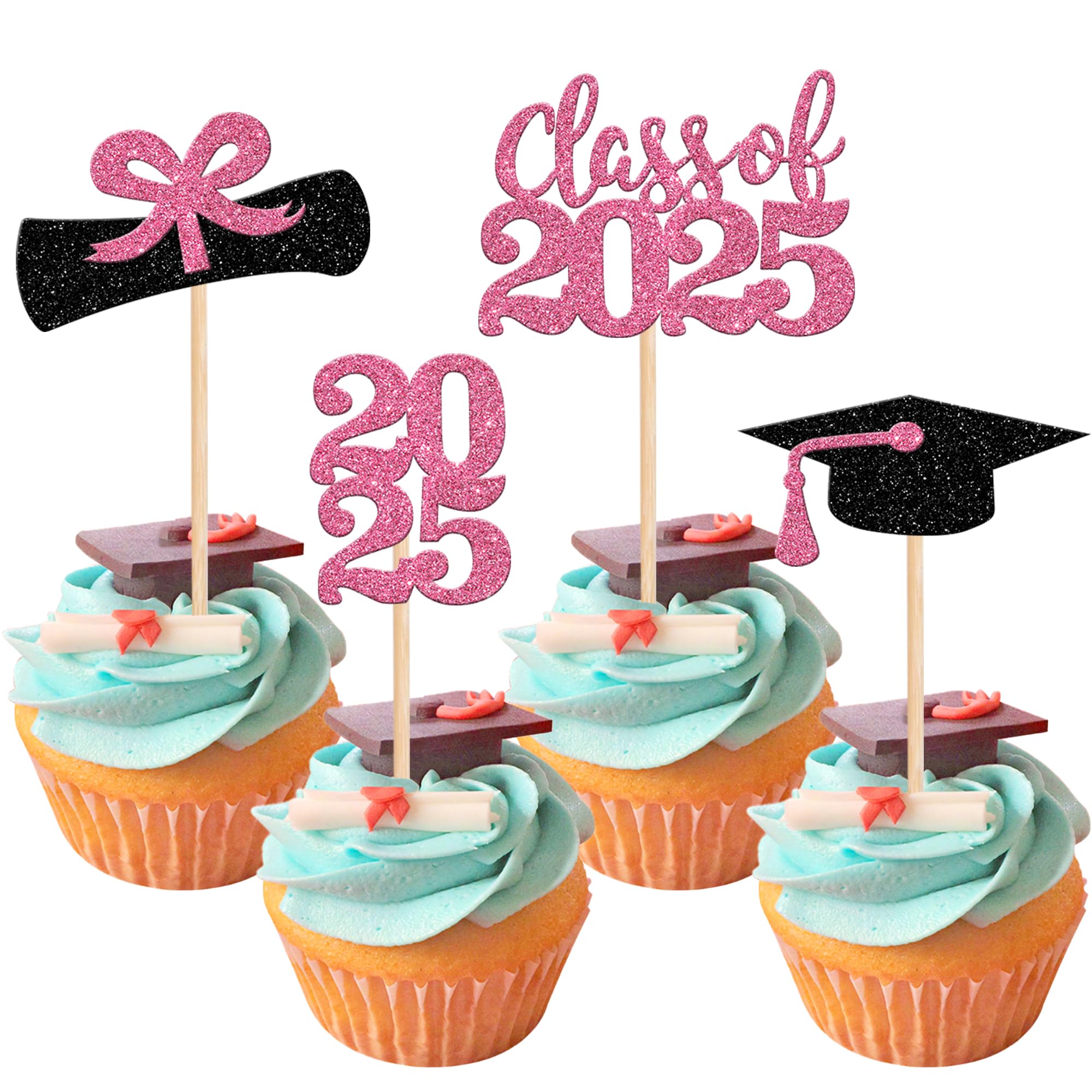 36 PCS 2025 Graduation Cupcake Toppers - Glitter Class of 2025 Diploma & Cap Cake Decorations - Pink Graduation Party Supplies for Cupcakes, Cakes & Desserts - Perfect for Graduation Ceremonies, Parties & Celebrations