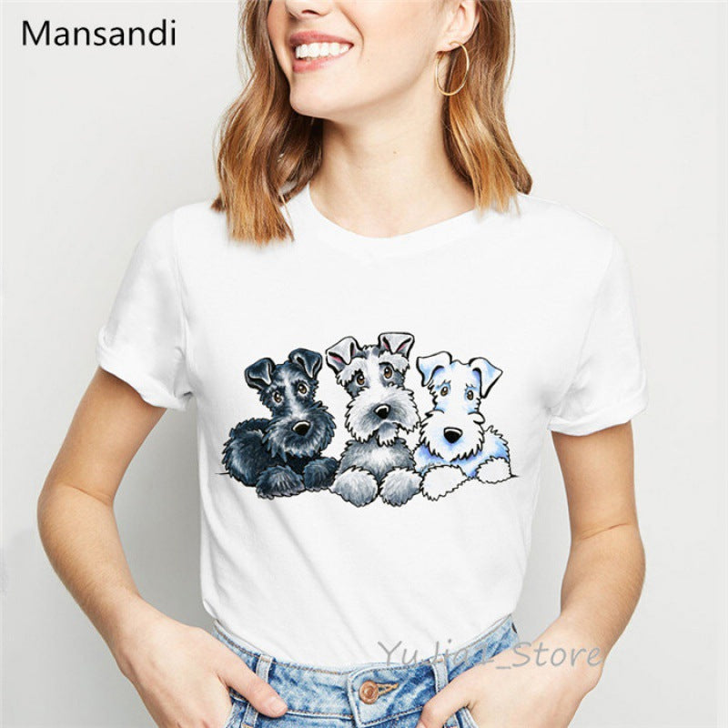 Summer Women's T-Shirt with Cute Schnauzer Dog Print - Casual Comfort Fit Cotton Tee for Dog Lovers | Perfect for Outdoor Activities, Pet Playdates & Casual Wear