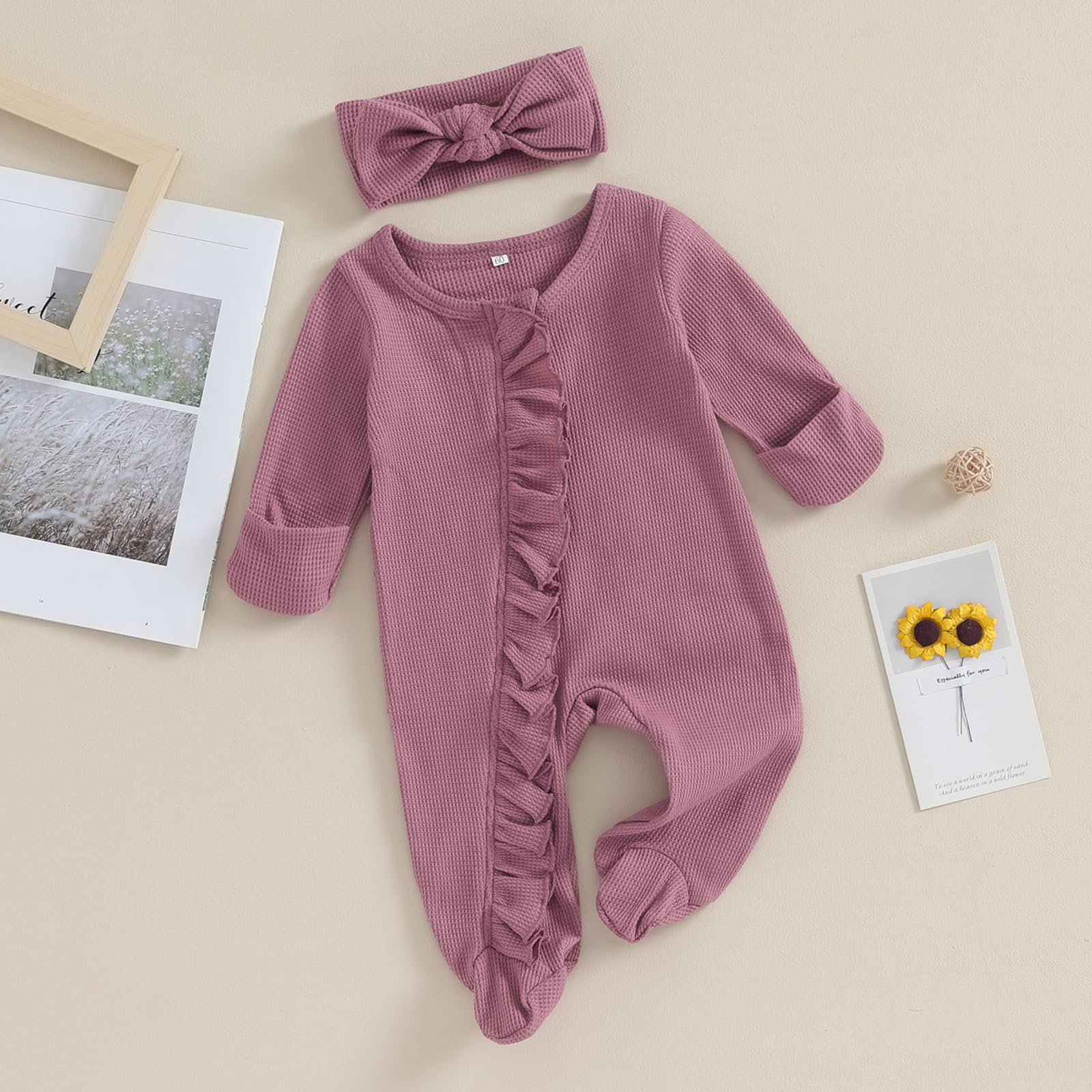 Newborn Baby Girl Waffle Knit Romper with Zippers & Ruffles - Cozy Winter Outfit for Fall & Winter - Perfect for Playdates, Family Photos & Holiday Gatherings