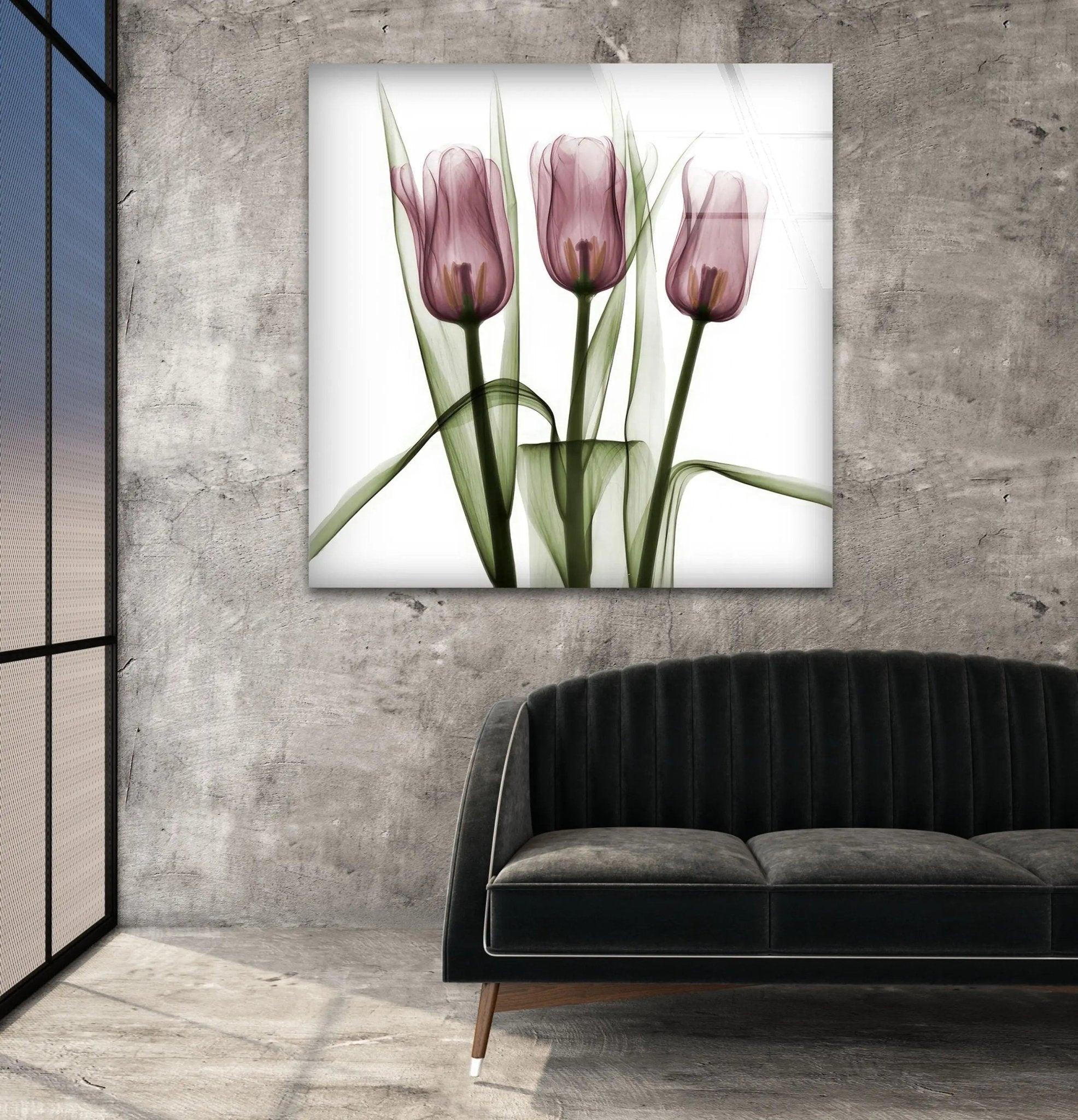 Albert Koetsier Triplet Tulips Stained Glass Wall Art - Handcrafted Floral Home Decor for Living Room, Bedroom & Office