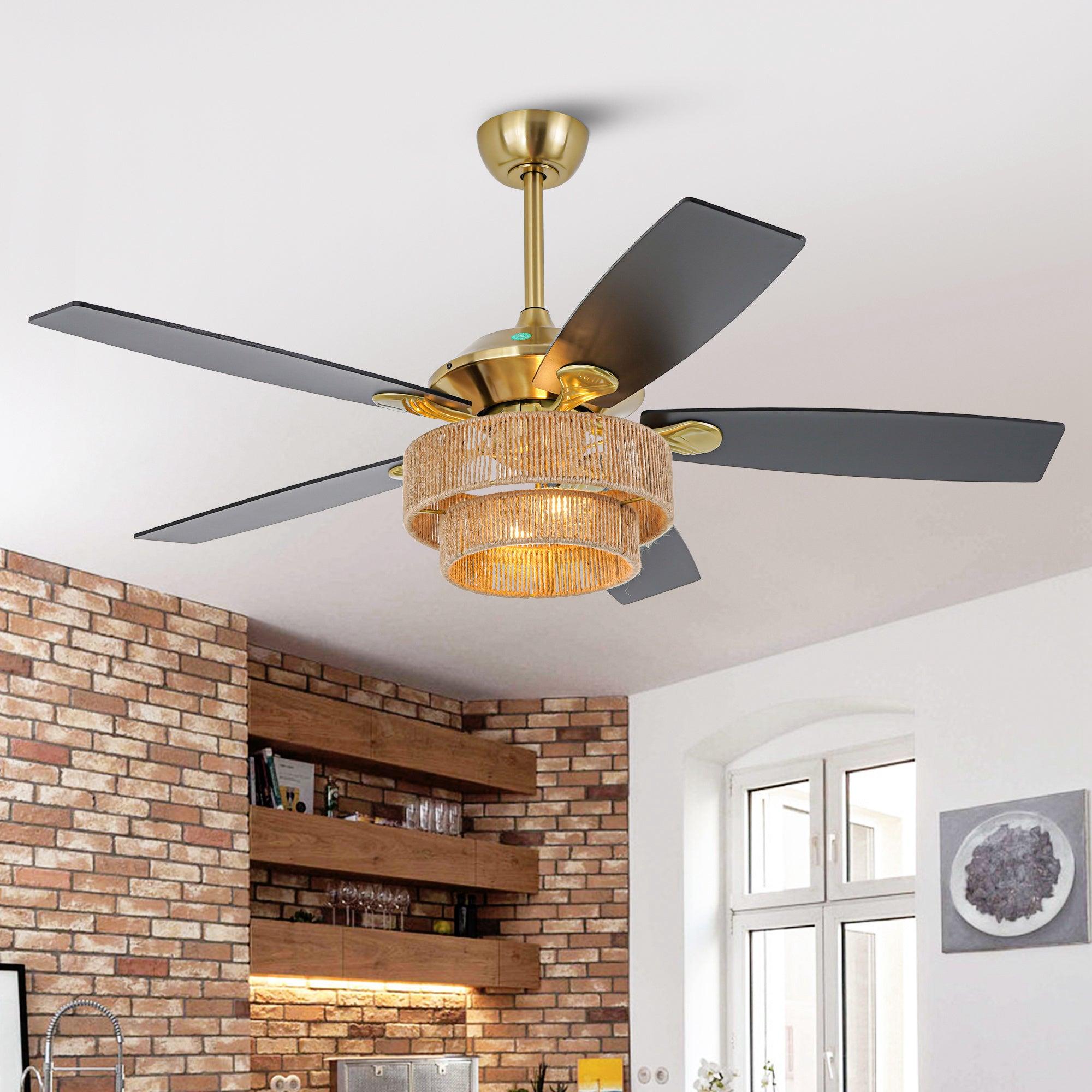 52 Inch Danube Farmhouse Style Ceiling Fan with DC Motor, Golden Downrod & Integrated Light Kit - Perfect for Living Rooms, Bedrooms, and Outdoor Covered Patios