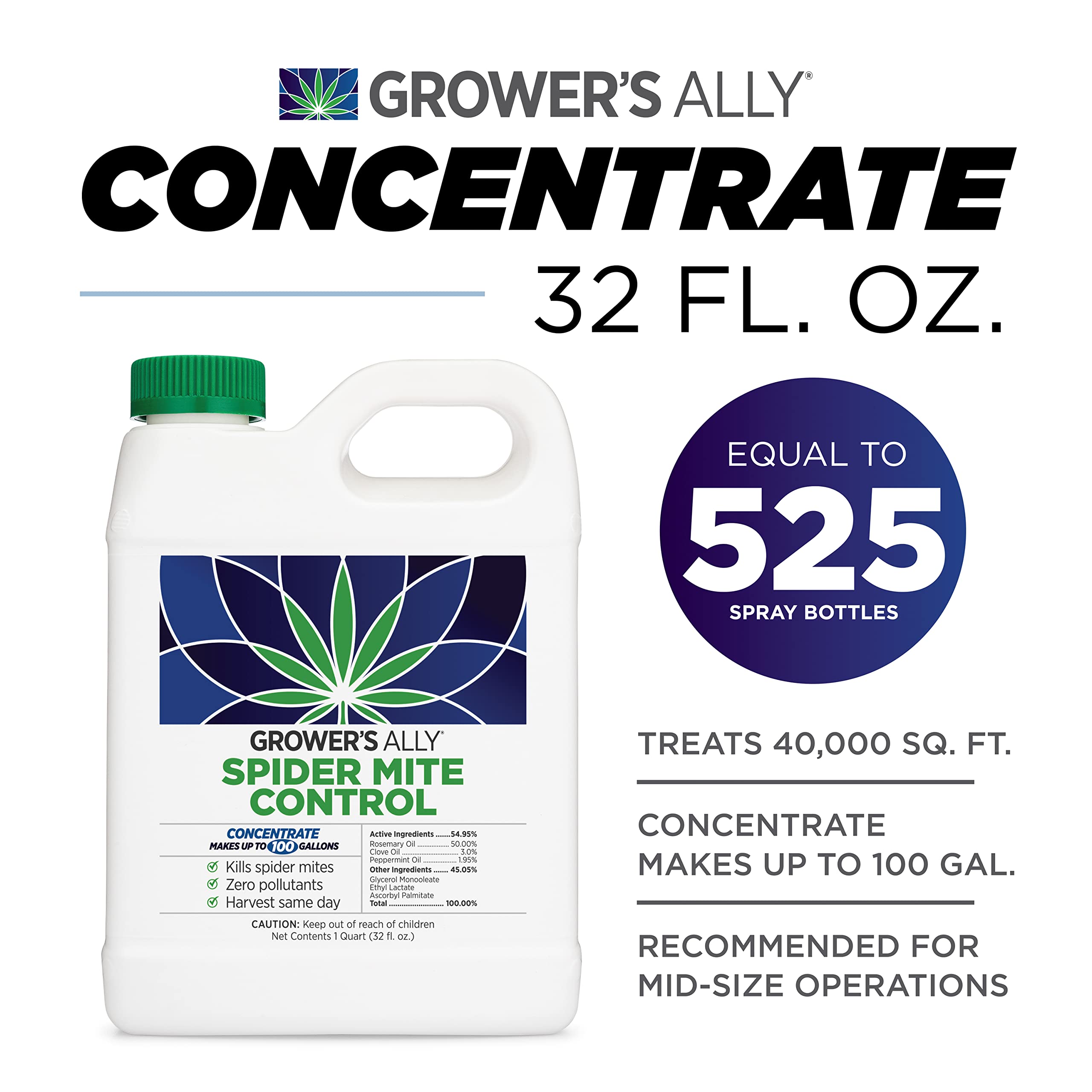 Grower's Ally Natural Spider Mite & Insect Killer Concentrate 1 qt with Rosemary Oil | Indoor & Outdoor Plant Protection | Makes 100 Gallons | Organic Pest Control for Gardens, Greenhouses & Hydroponics