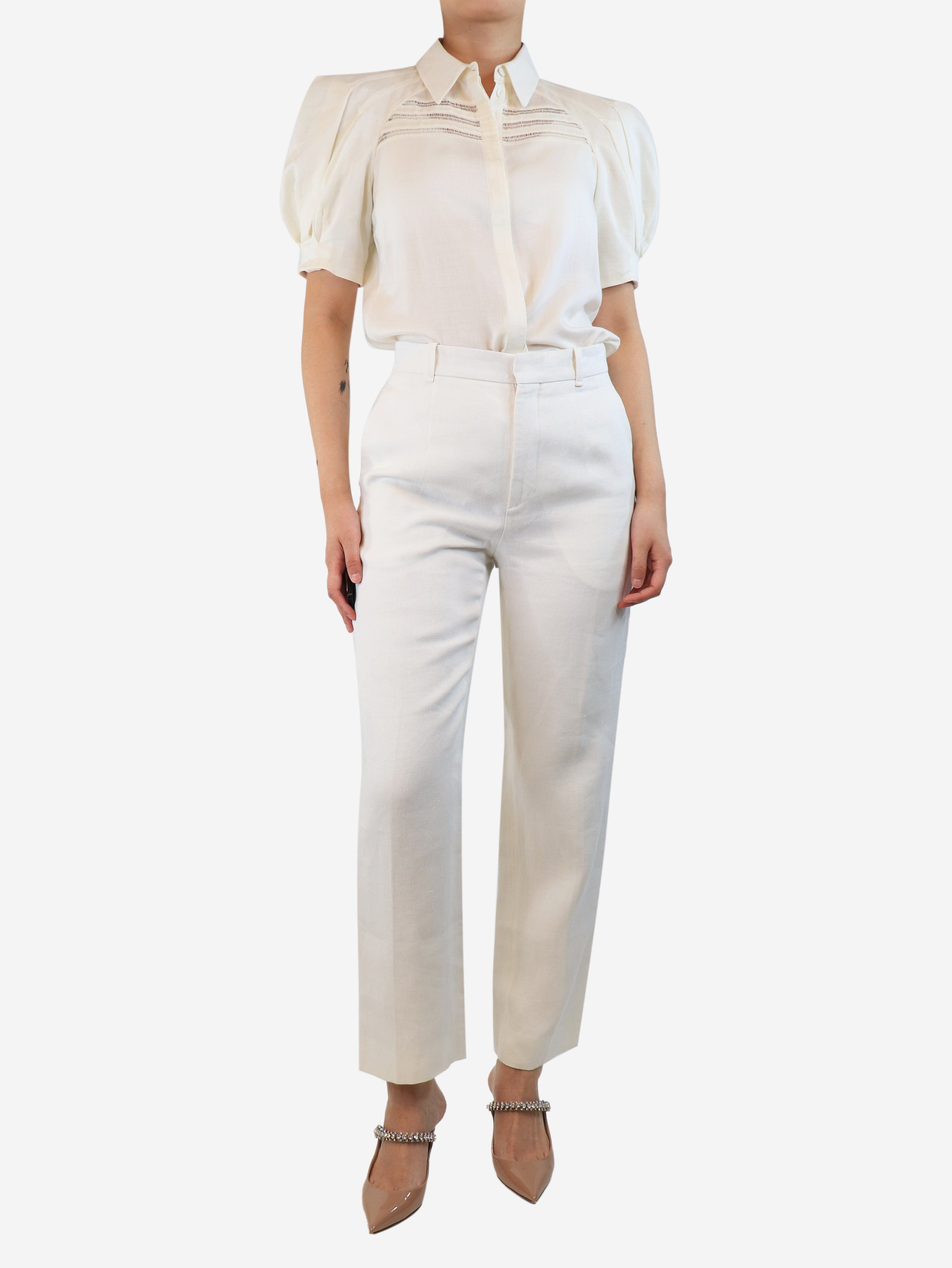 High Waist Linen Trousers for Women - UK Size 10 | Comfortable Cream Summer Pants for Casual Wear, Office & Travel