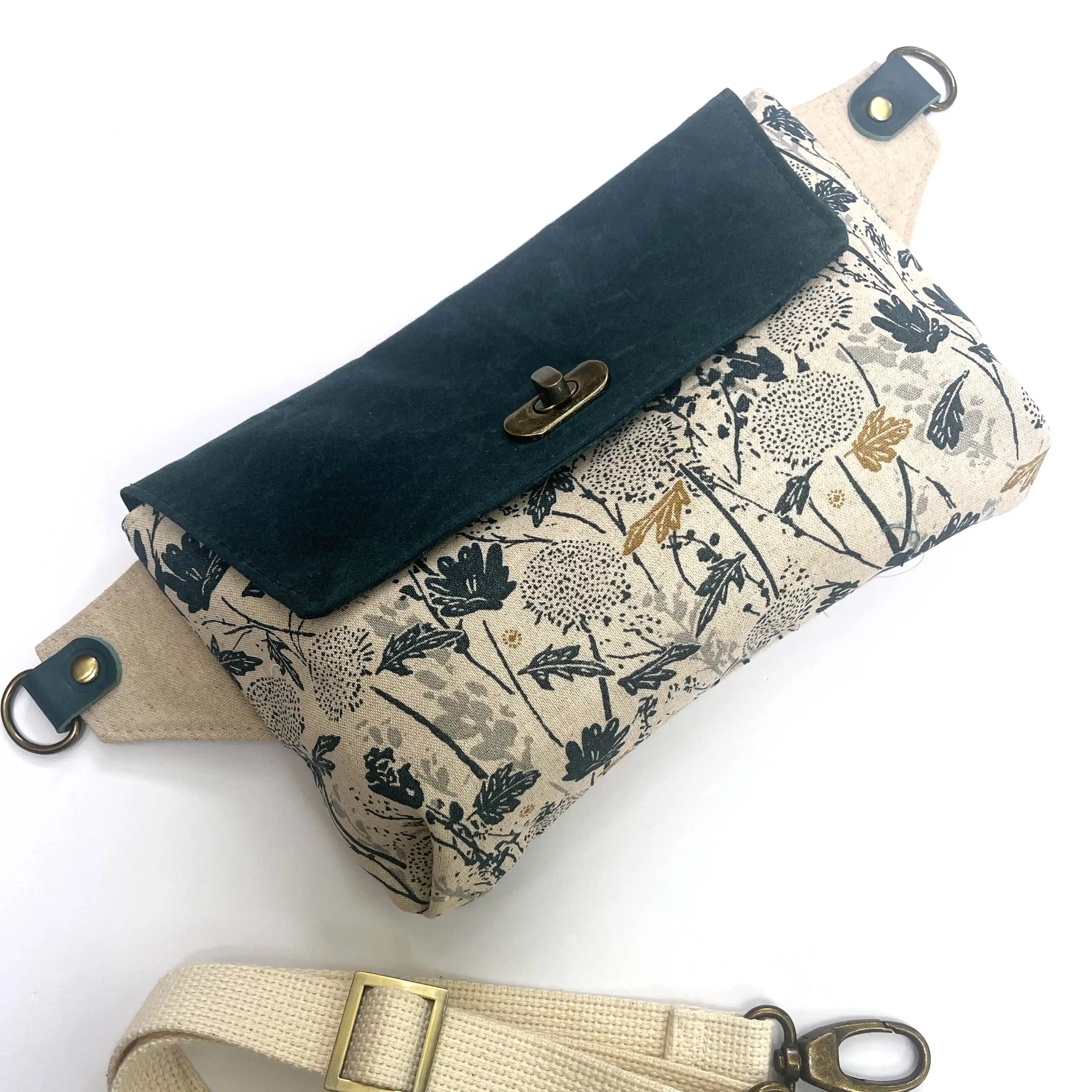 Haralson Belt Bag - Teal & Floral Crossbody Fanny Pack with Brushed Antique Finish | Perfect for Travel, Hiking, and Everyday Use