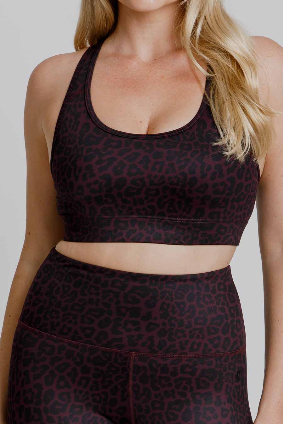 Training Move Crop Wine Leopard Print Sports Bra - High Support Workout Top for Yoga, Running & Gym