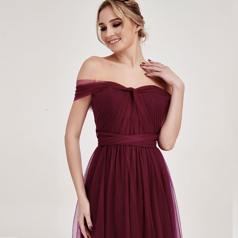 Burgundy Multi-Way Sweetheart Tulle Bridesmaid Dress - Adjustable Straps, Flowy Skirt - Perfect for Weddings, Prom, Formal Events & Special Occasions