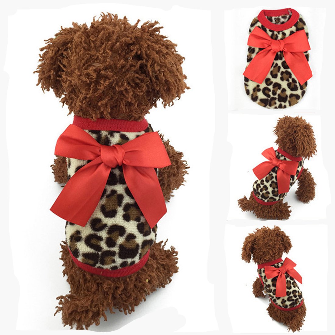 Soft Warm Winter Dog Sweater with Bow-Knot & Leopard Print - Cozy Puppy Clothing for Small Breeds (XXS, Red) - Perfect for Cold Weather Walks & Holiday Photos