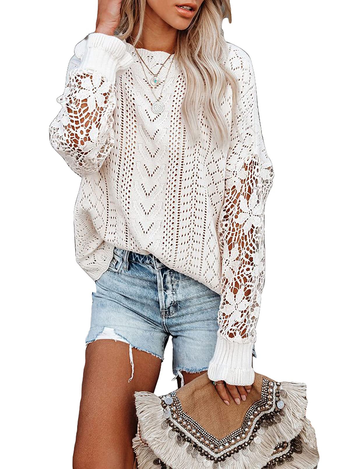 MIHOLL Women's Lace Crochet Sweater - Long Sleeve Crewneck Knit Top for Fall & Winter | Casual Office Wear, Date Night Outfits, Holiday Layering