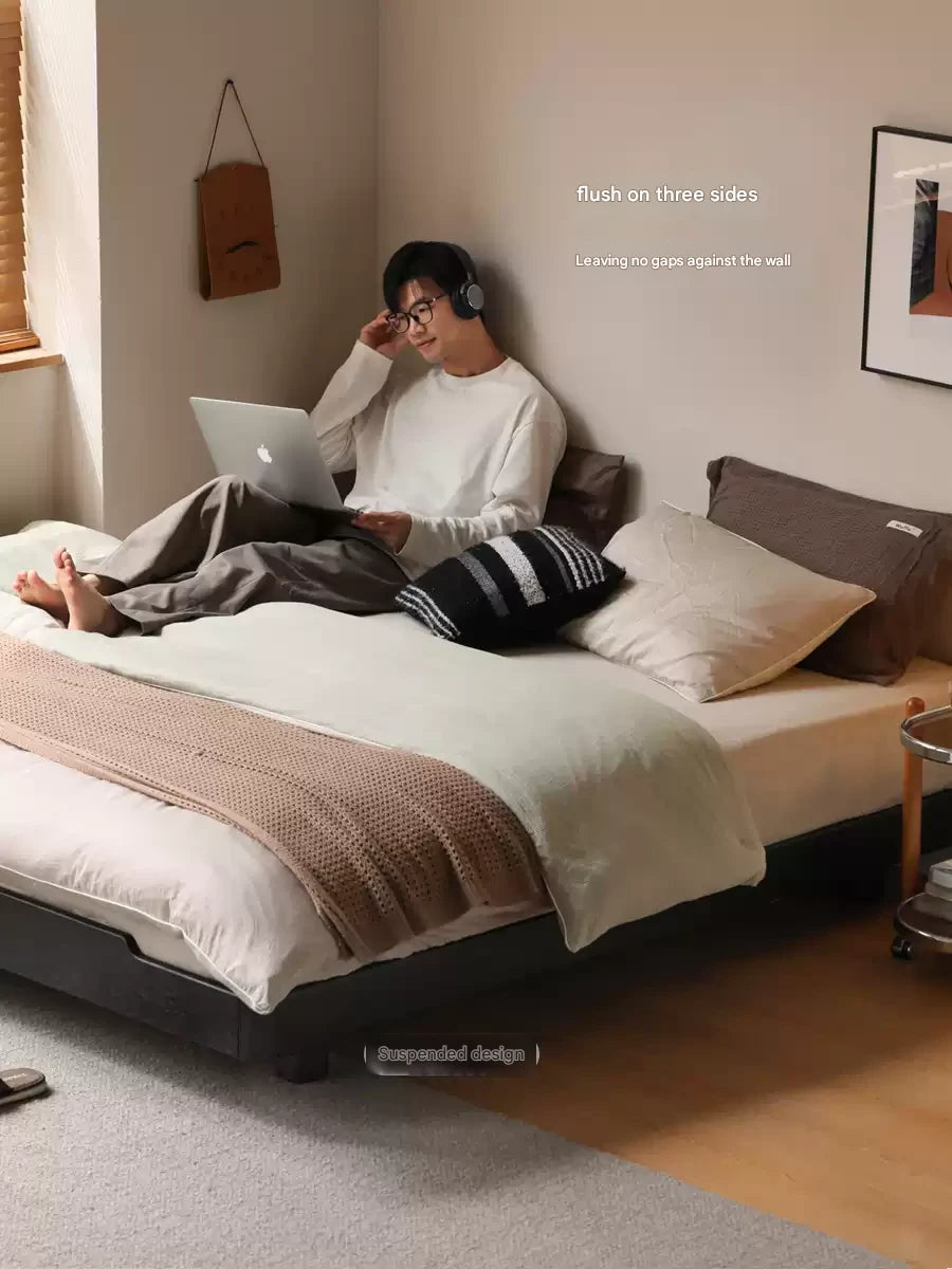 Solid Oak Wood Floating Platform Bed - No Headboard, Black Finish with LED Lights - Perfect for Modern Bedroom & Minimalist Home Decor