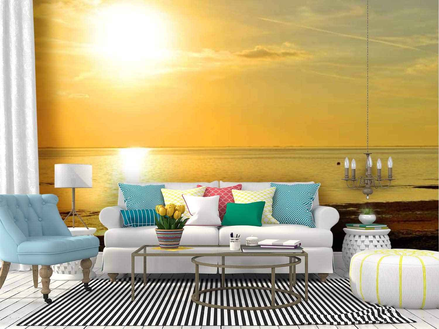 Florida Tampa Sunset at Ben T Davis Beach - Peel and Stick Wall Mural, Self-Adhesive Removable Vinyl Wallpaper for Home Decor | Large Wall Sticker, Shelf Paper | Perfect for Living Room, Bedroom & Office Accent Wall