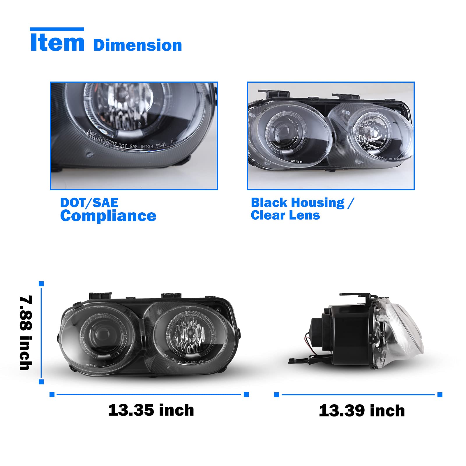 WOLFSTORM Halo Projector Headlight Assembly for 1998-2001 Acura Integra - Replacement Headlights with LED Halo Rings - Perfect for Night Driving & Car Upgrades