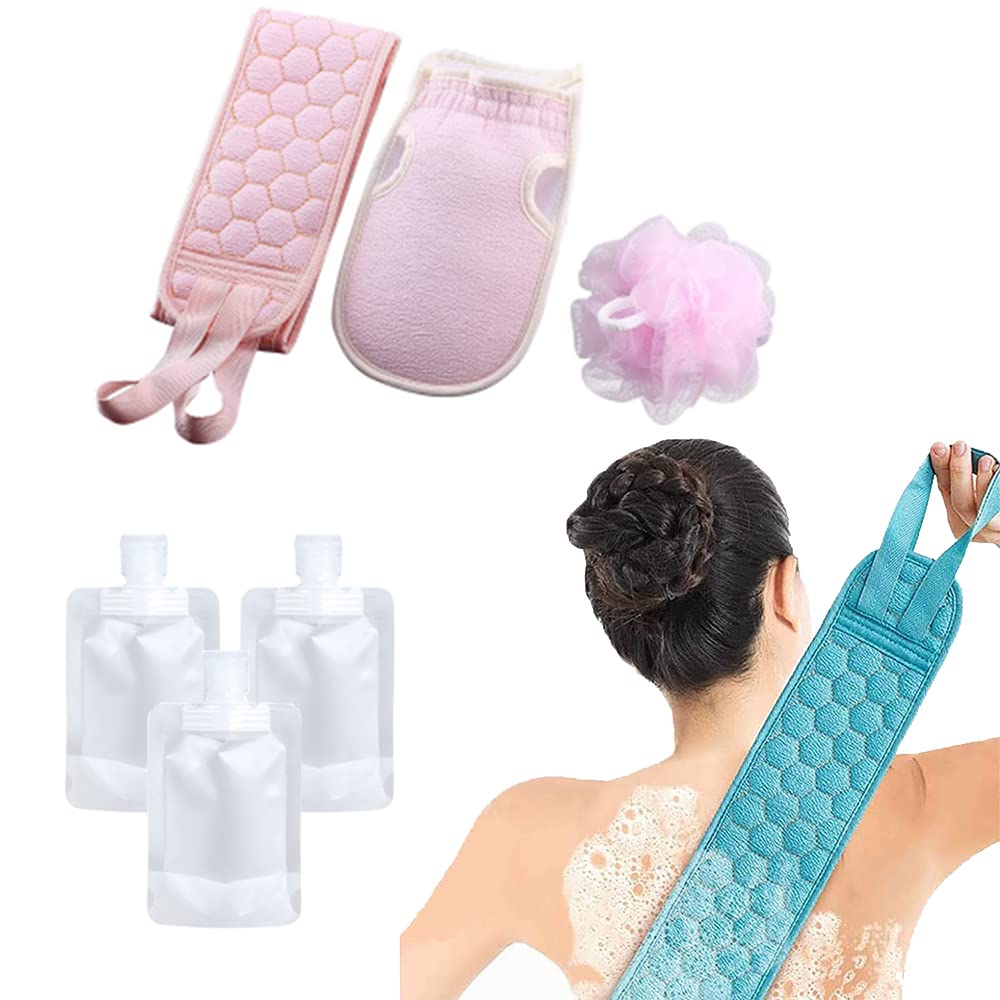 Treonca Exfoliating Back Scrubber Glove - Bath & Shower Scrub Towel for Deep Cleansing & Dead Skin Removal - Bonus Travel Lotion Bag - Pink - Perfect for Spa, Gym & Travel Skincare Routine