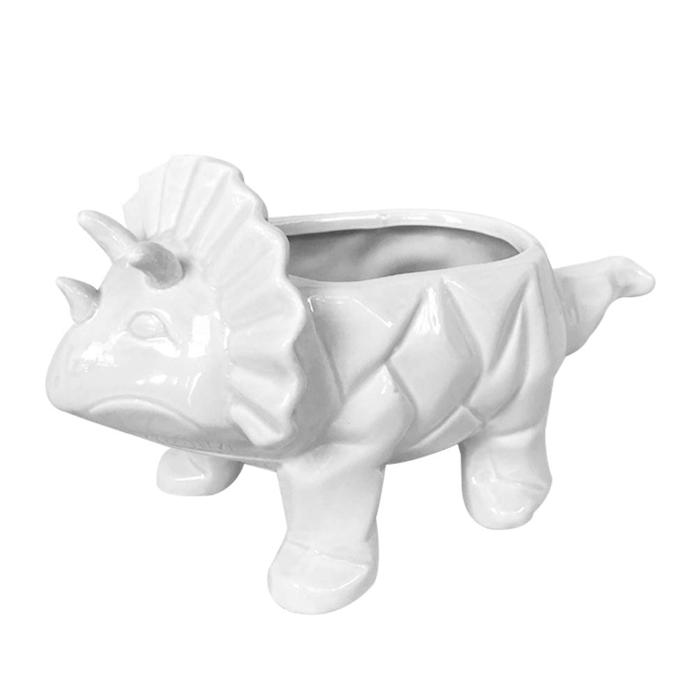 DOITOOL Ceramic Triceratops Succulent Planter - White Dinosaur Flower Pot for Small Plants, Cactus, Air Plants - Perfect for Home, Office Desk Decor & Gift Idea