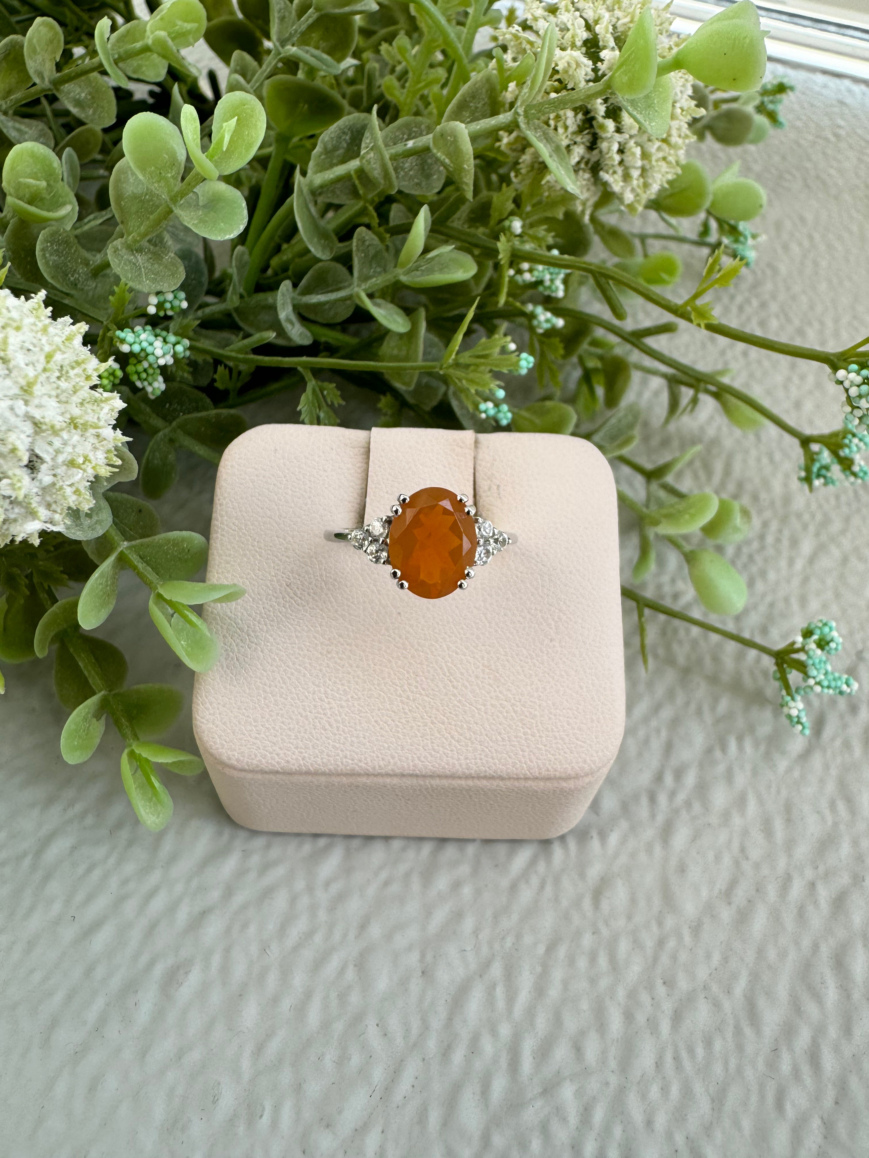 Orange Stone Center with White Topaz Sides Ring - Elegant Birthstone Jewelry for Women - Perfect for Weddings, Anniversaries & Special Occasions