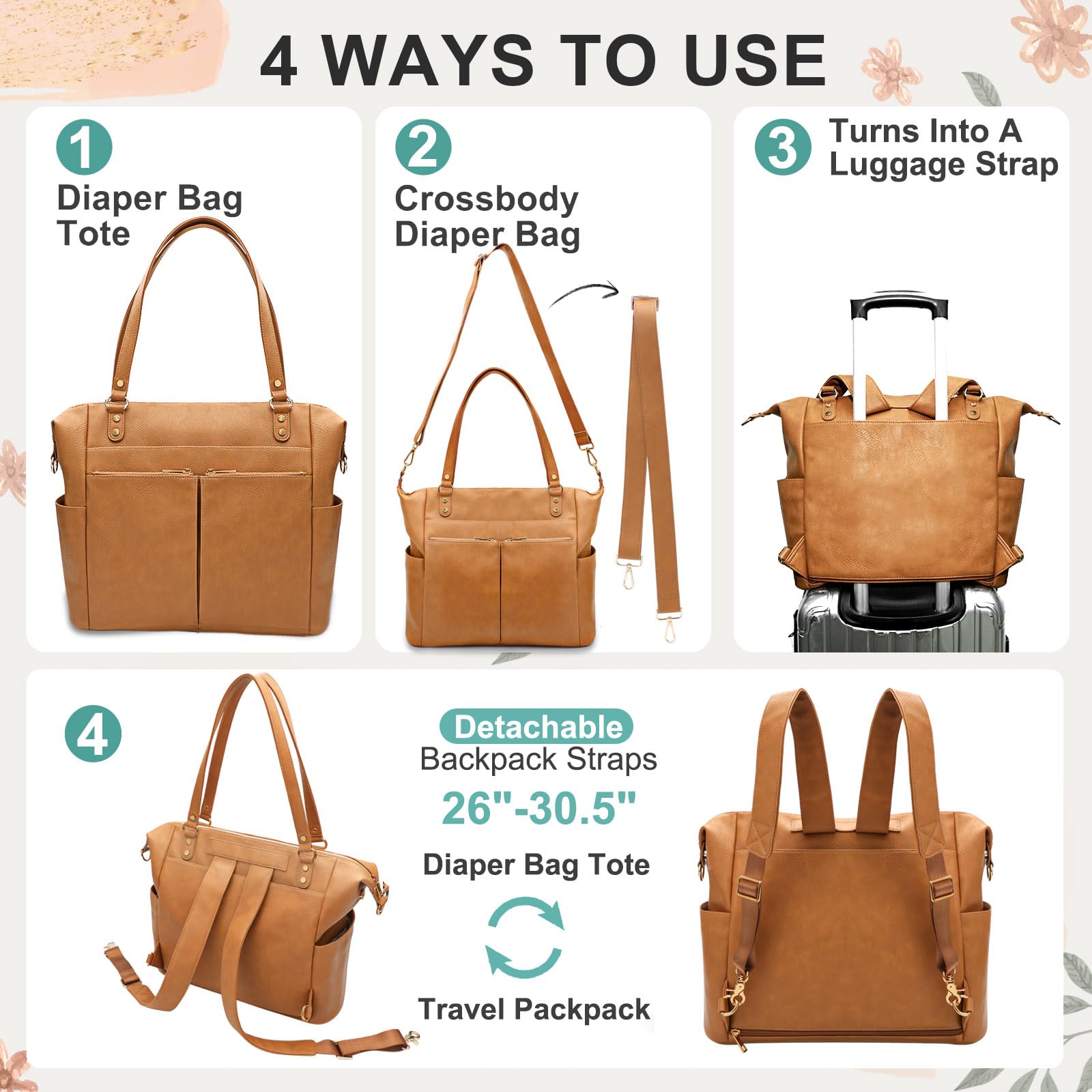 Premium Leather Diaper Bag Backpack for Moms - Large Convertible Tote with 14 Pockets, 4 Insulated Compartments & Changing Pad | Stylish Baby Essentials Organizer for Travel, Work & Daily Outings