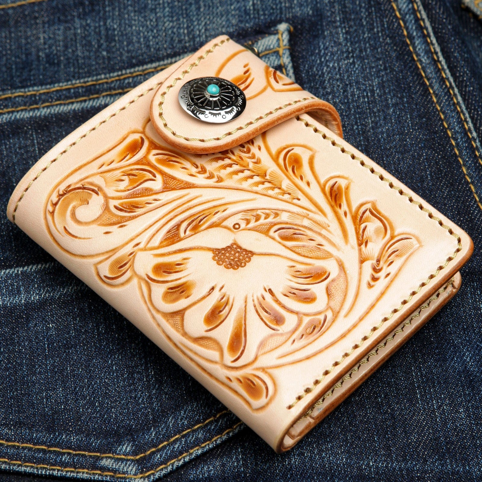 Genuine Light Brown Cowhide Leather Western Biker Wallet for Men - Perfect for Motorcycle Riders, Country Style & Everyday Carry