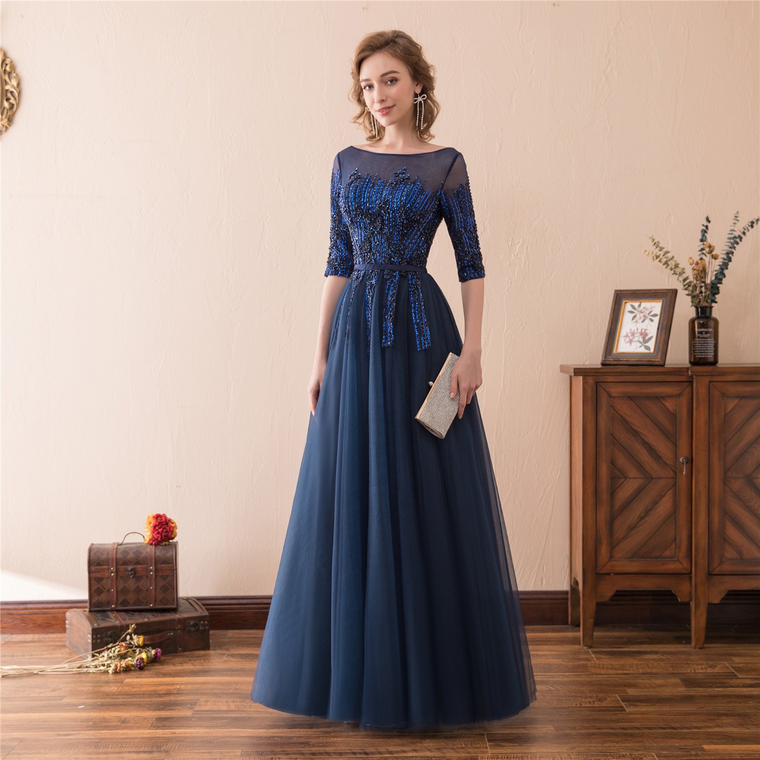 Elegant Women's 1/2 Sleeves Scoop Neck Beaded Sequins Tulle Evening Dress for Prom, Wedding & Special Occasions