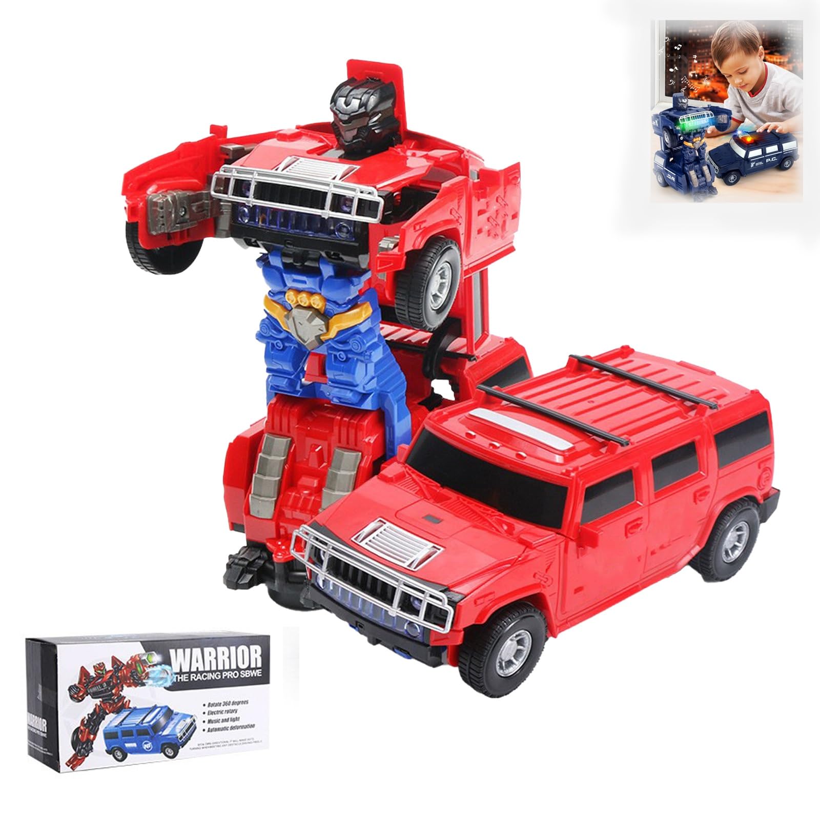 2-in-1 Transforming Robot Toy Car with 360° Rotation & Auto Deformation - LED Lights & Music - STEM Educational Gift for Boys Girls (Blue) - Perfect for Birthday Parties, STEM Learning & Interactive Play