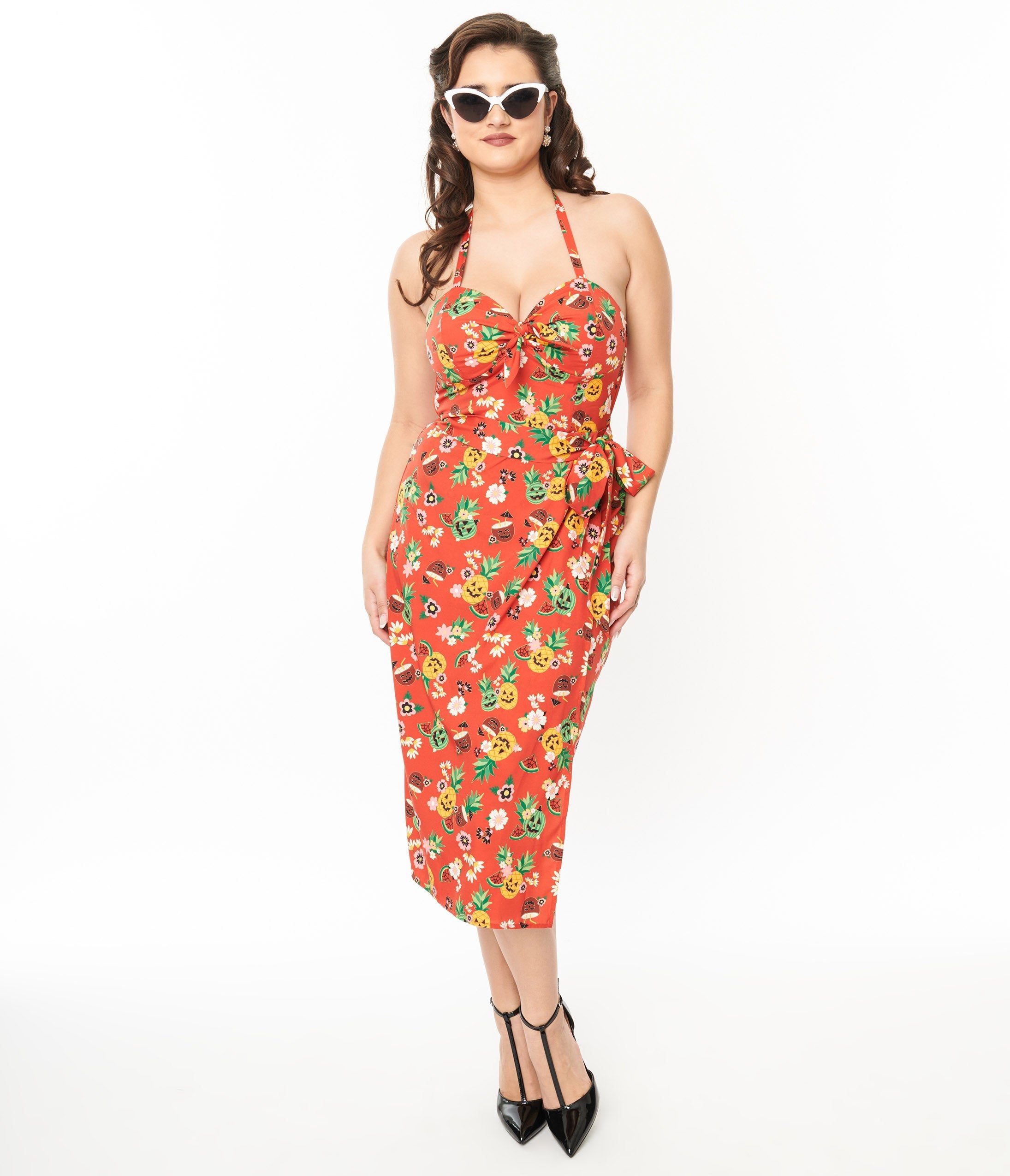 Vintage 1950s Rust & June O Ween Fruit Print Leilani Sarong Dress - Retro Hawaiian Beach Dress for Summer Vacation, Luau Party & Tropical Getaway