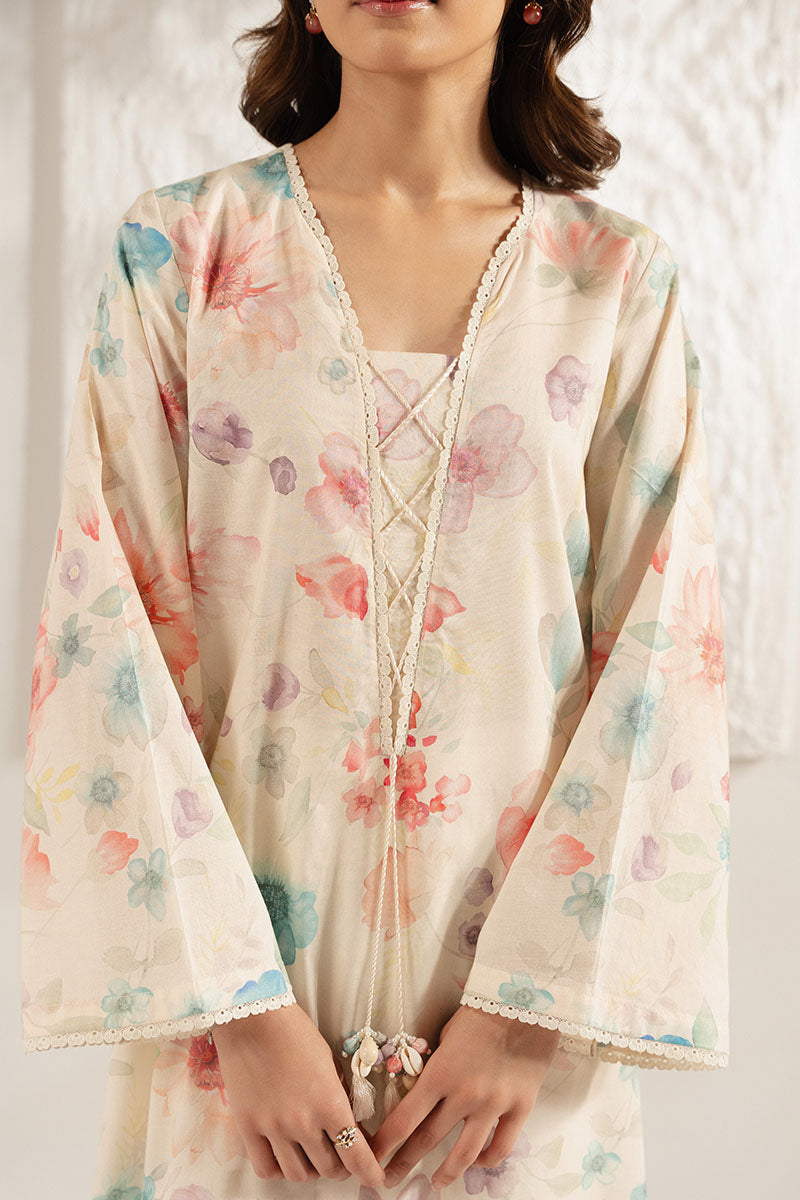 Stylish Ivory Teal Printed Lawn Shirt for Women - Breathable Summer Blouse for Casual Outings & Beach Vacations