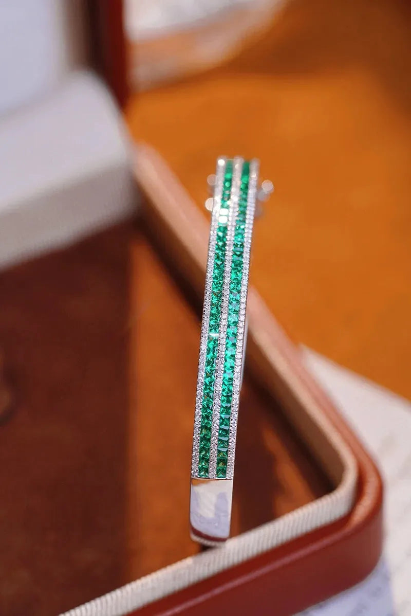 18K White Gold Diamond & Emerald Bangle for Women - Luxury Shiny Design, 100% Real Natural Stones - Perfect for Senior Banquets, Weddings & Special Occasions