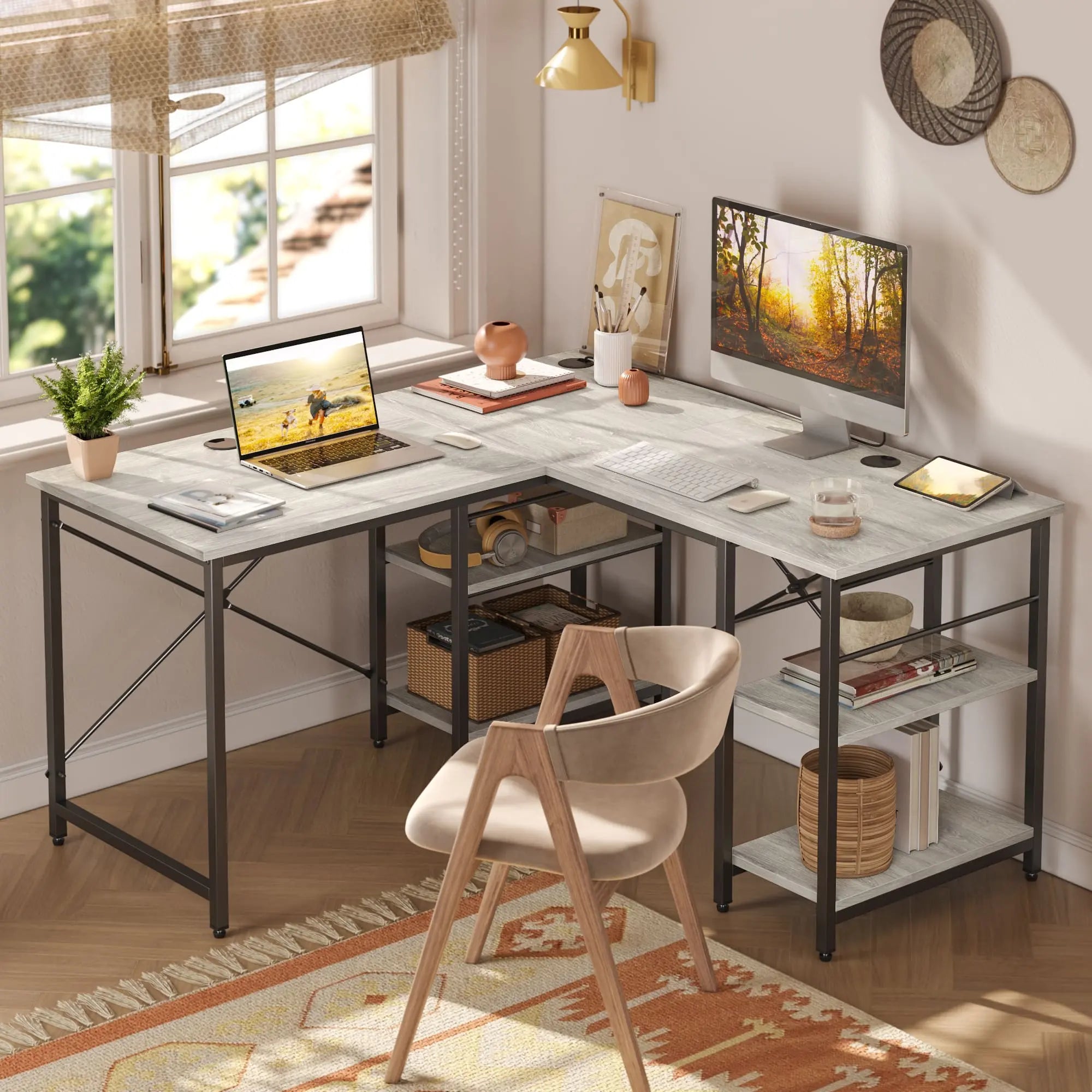 Bestier 86 Inch L-Shaped Computer Desk for Two - Home Office Gaming & Workstation with Large Workspace - Perfect for Couples, Roommates & Small Spaces