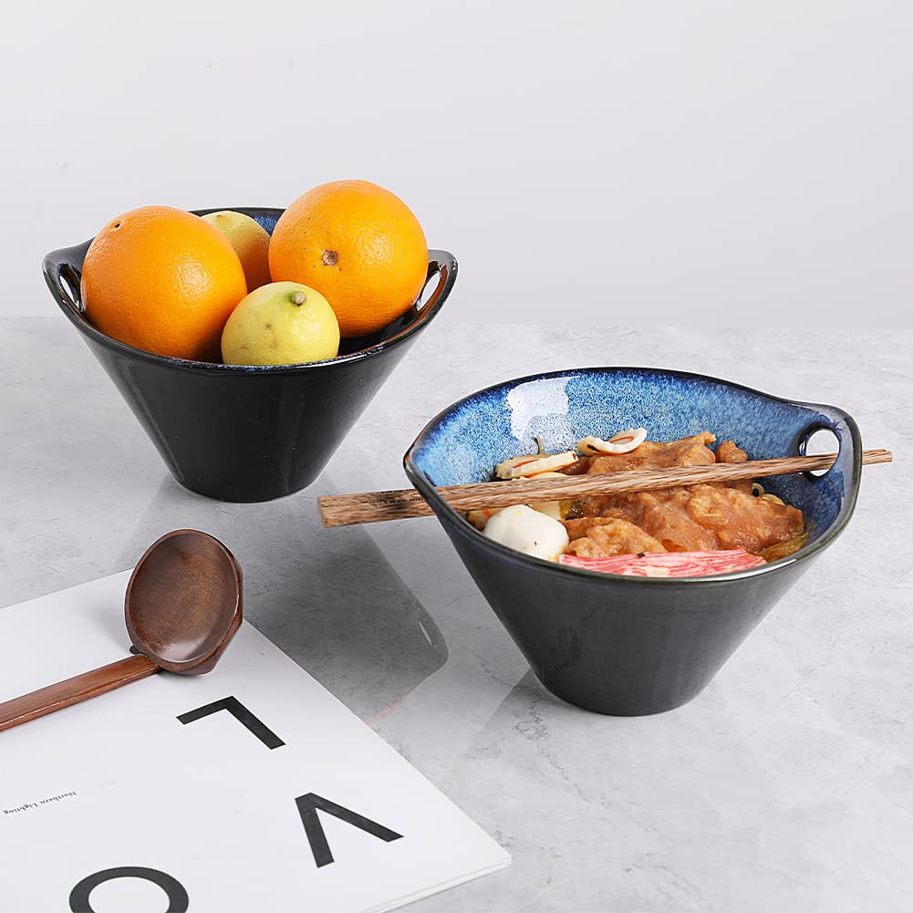Premium Sweejar Porcelain Ramen Bowls Set of 2 - 25oz Deep Japanese Noodle Soup Bowls with Chopsticks & Spoons for Ramen, Pho, Udon, Salad - Reactive Glaze Nebule Blue - Perfect for Home Dining & Restaurant Use