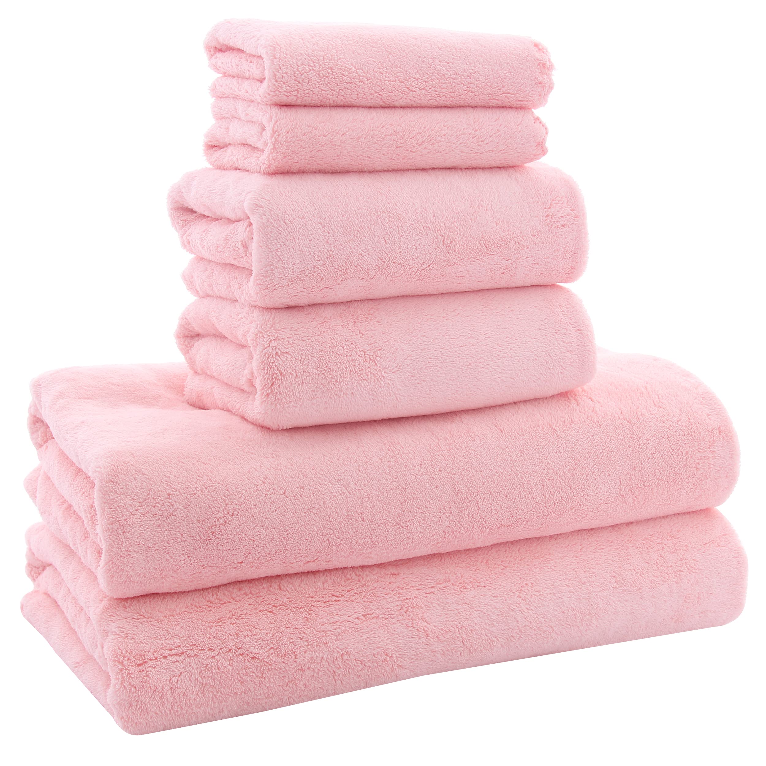 MOONQUEEN Ultra Soft & Quick Drying Microfiber Towel Set - 2 Bath Towels, 2 Hand Towels, 2 Washcloths - Highly Absorbent Coral Velvet Towels for Gym, Spa, Yoga, Travel & Home Use (Pink, 6 Piece Set) | Perfect for Bathroom, Fitness, Sports & Luxury Hotel Experience