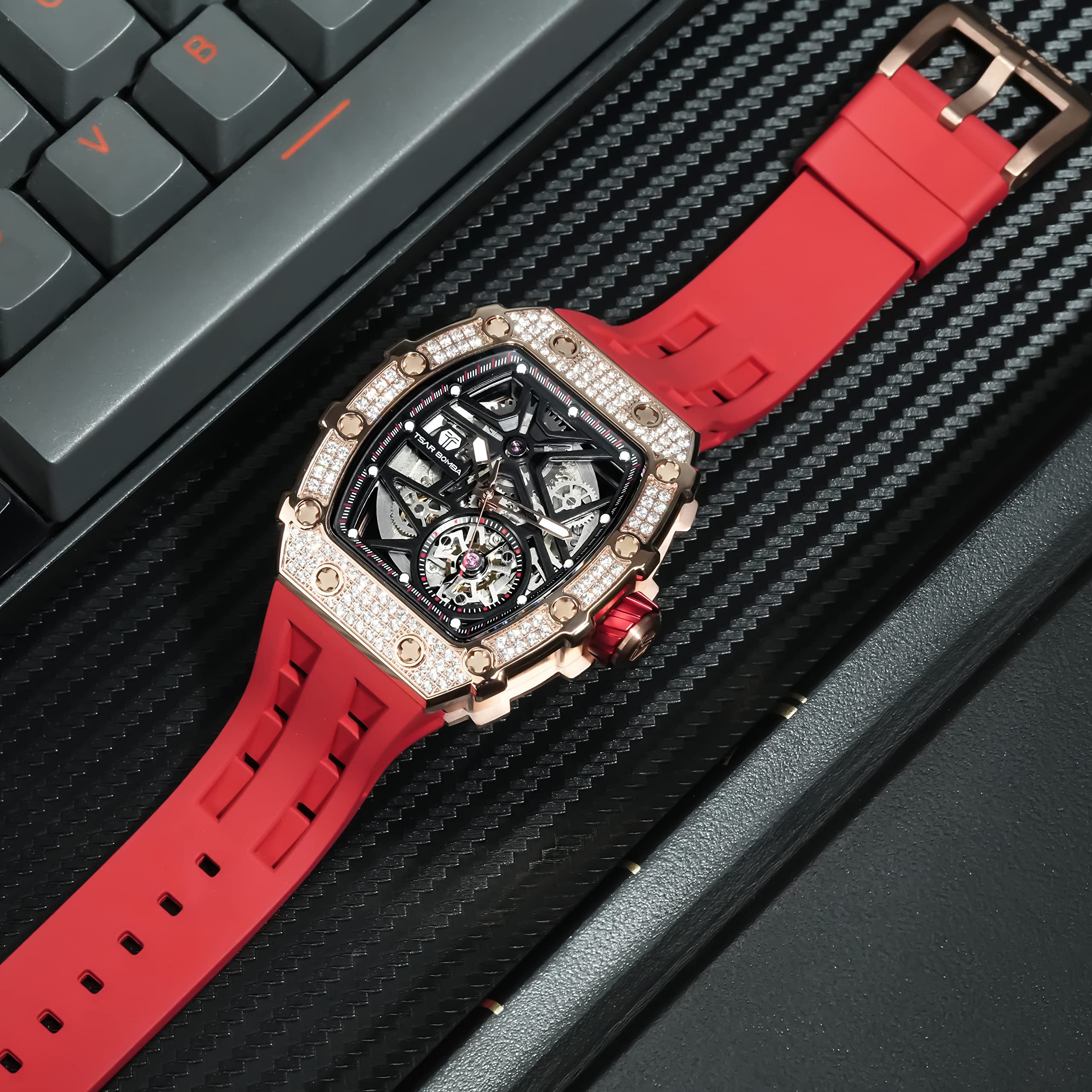 Premium Automatic Skeleton Watches for Men - 50M Waterproof Luxury Mechanical Tonneau Watch with Fluoroelastomer Band (Red) - Ideal for Business Casual, Formal Events & Daily Wear - Perfect Gift for Men