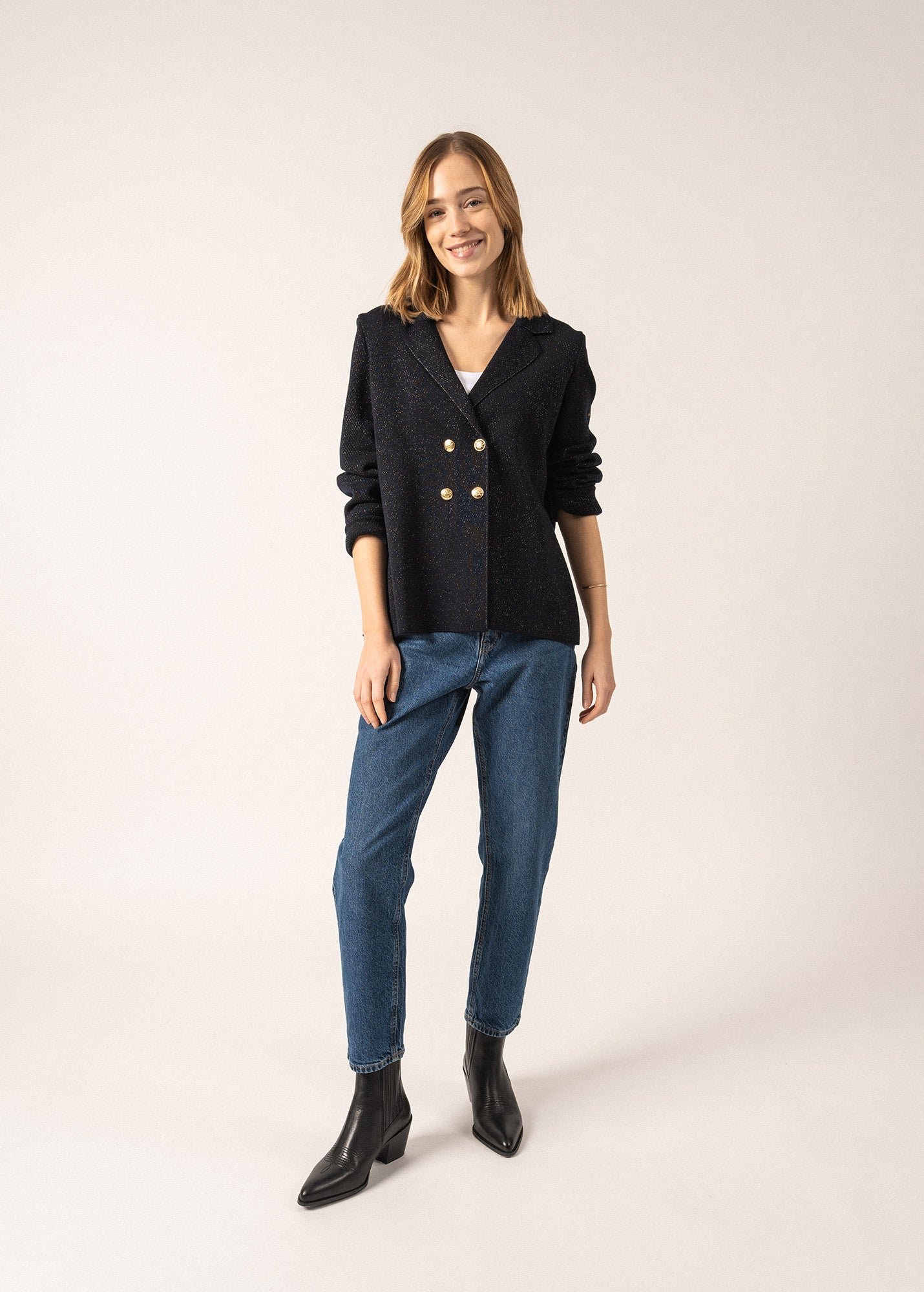 Women's CHARENTE II LUREX Wool Blazer with Gold Buttons - Navy & Champagne Colors for Office Wear, Business Meetings & Special Occasions