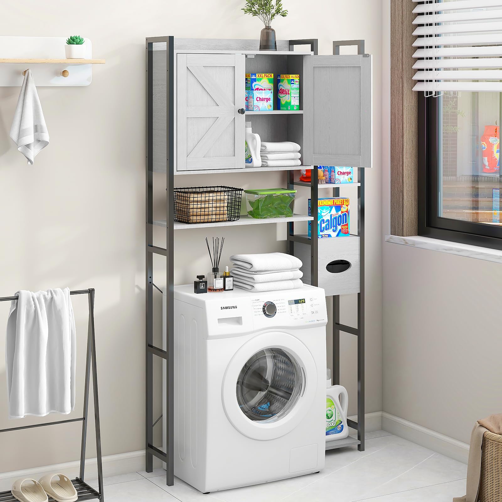 Grey Over The Toilet Storage Cabinet with 2 Doors & Multi-Layer Shelves - Space Saving Bathroom Organizer for Small Spaces, Laundry Room & Closet Storage - Perfect for Towels, Toiletries & Cleaning Supplies