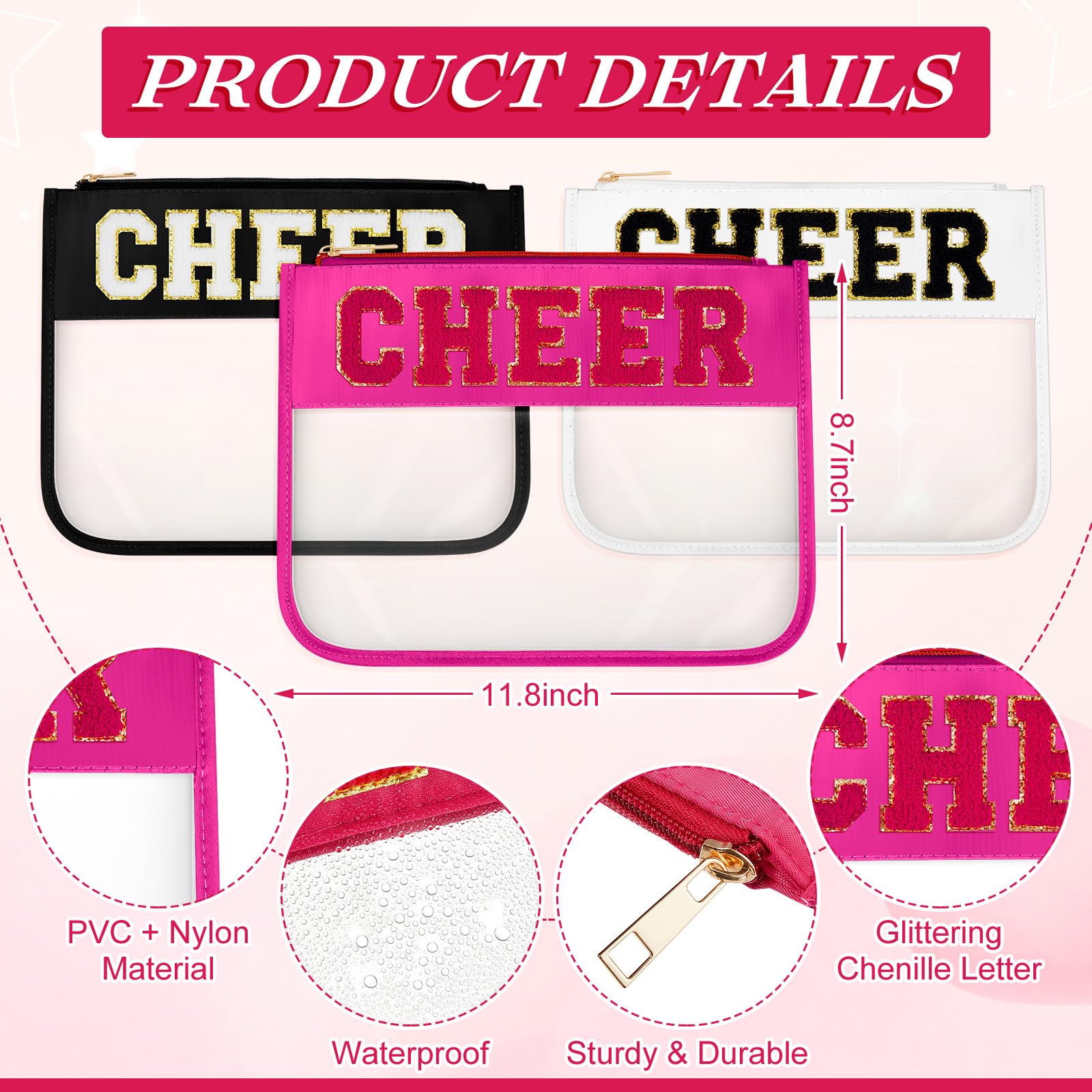 12 Pcs Cheerleader Chenille Letter Cosmetic Bags - Waterproof PVC Makeup Organizer for Women & Girls - Perfect for Travel, Gym & School (Black, White, Hot Pink) - Great Cheer Gifts & Preppy Accessories